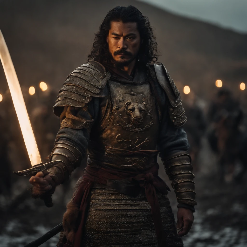 high details, male samurai warrior in full armor, katana sword, riding lion, wearing oni mask and long hair, wearing lion skin, dark rainy day, dark clouds, full moon, standing on a battlefield, in the back burning town