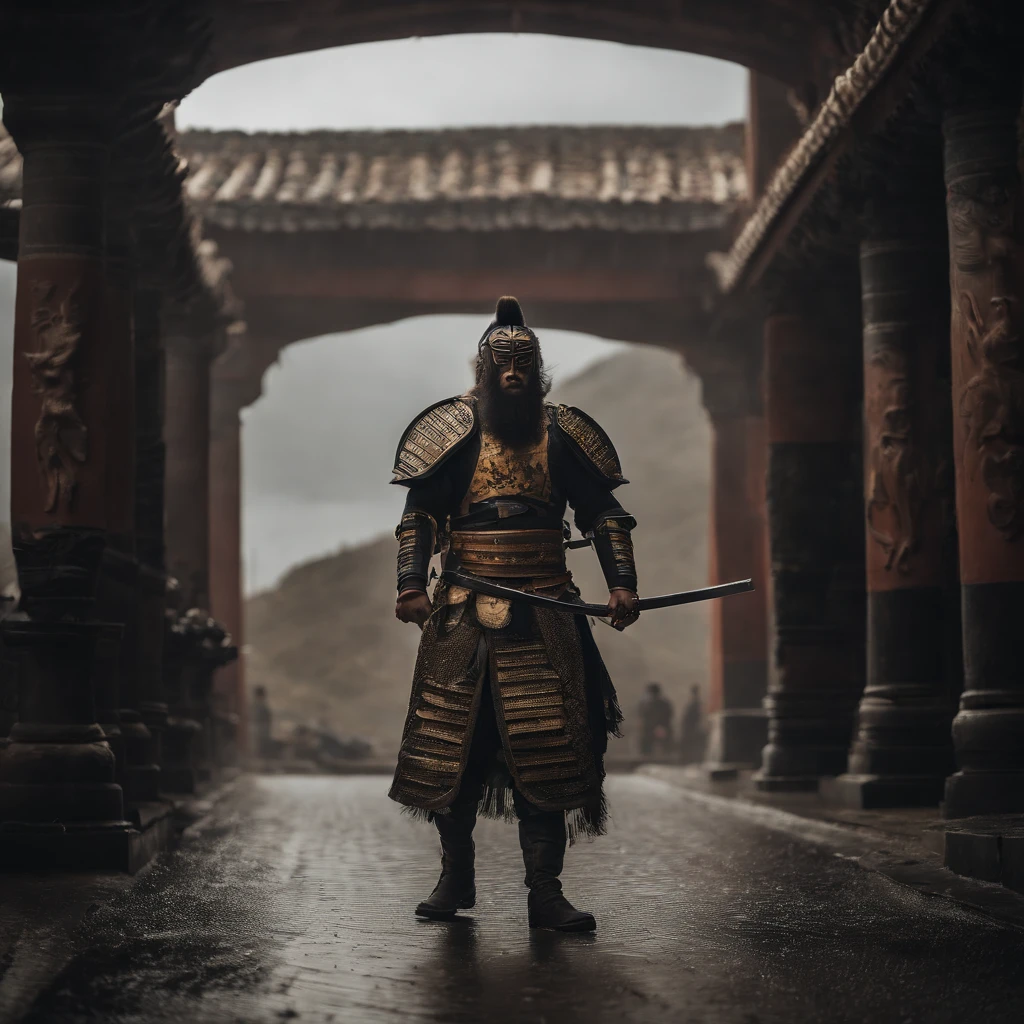 high details, male samurai warrior in full armor, katana sword, riding lion, wearing oni mask and long hair, wearing lion skin, dark rainy day, dark clouds, full moon, standing on a battlefield, in the back burning town