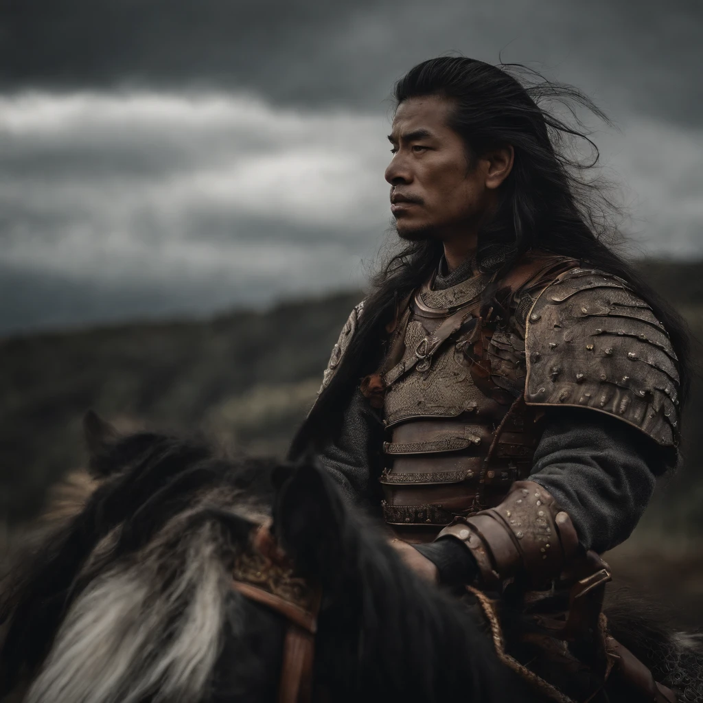 high details, male samurai warrior in full armor, katana sword, riding lion, wearing oni mask and long hair, wearing lion skin, dark rainy day, dark clouds, full moon, standing on a battlefield, in the back burning town