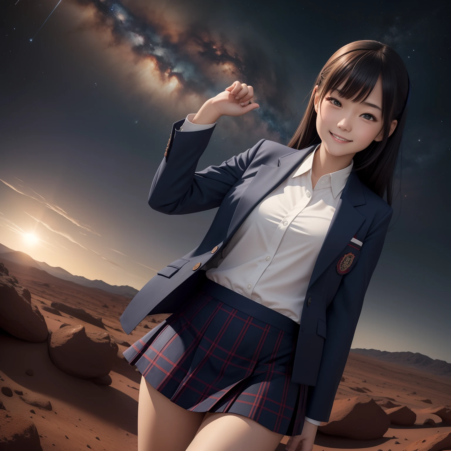 masutepiece, Super Detail, High quality, awardwinning, 8K, (girl), Solo, Smiling, japanese hight school uniform, (All formal jackets are dark navy blue), Short tie, White shirt, Short skirts are plaid, Theme color is dark navy, up close shot, On the surface of Mars, (Reddish rocky desert), Wide Red Desert, At night, Starry sky, Milky way, Detailed fingers, scientific fiction