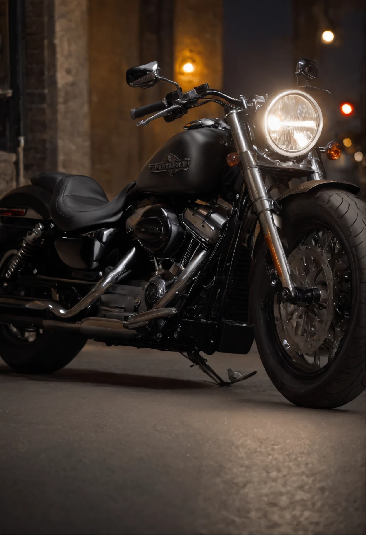 Detailed raw HD photo medium-distance photo (night rod Harley Davidson) , showroom, parked in a parcade (darkly lit, dimly lit, discreet) grunge , menacing urban environment, metal tubes, concreating, decay, micro-details, hyperdetailed, raytracing, realism, crystal clear, photorealism, photorealistic,
(nocturnal, pitch, moody and dark:1.3) (bright headlights: 1.2)