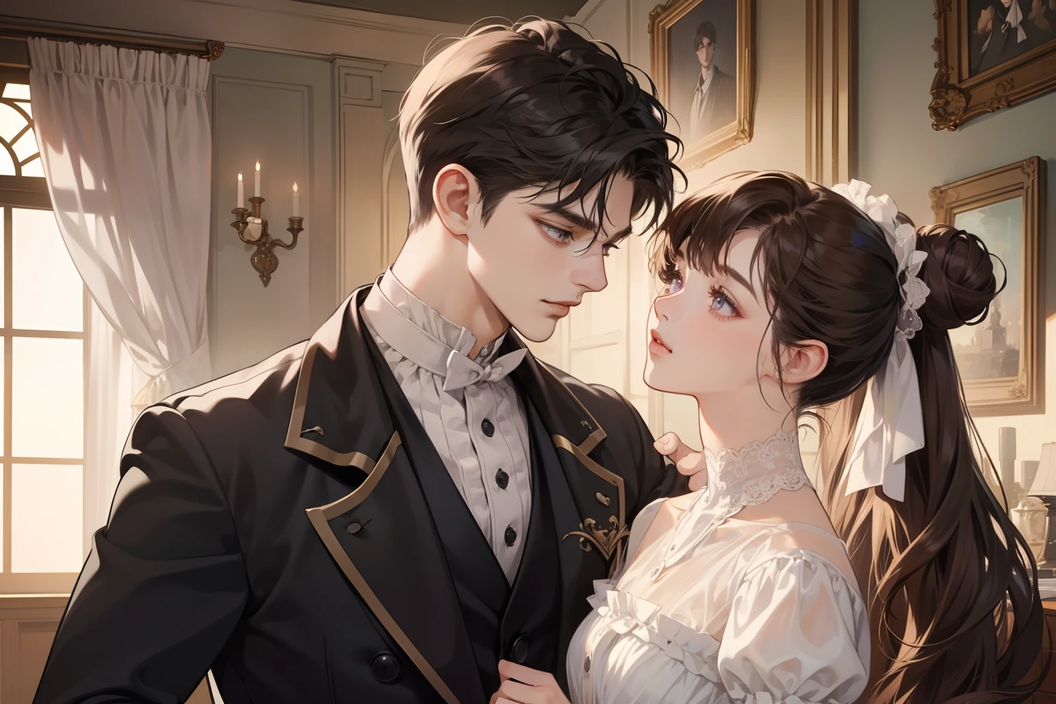 Couple, 1 girl 1 boy, different hair color, girl with long black bang hair with a bun, purple eyes girl, boy with short dark brown hair and grey eyes, romance, Victorian era, masterpiece, detailed, 4k, boy has darker skin