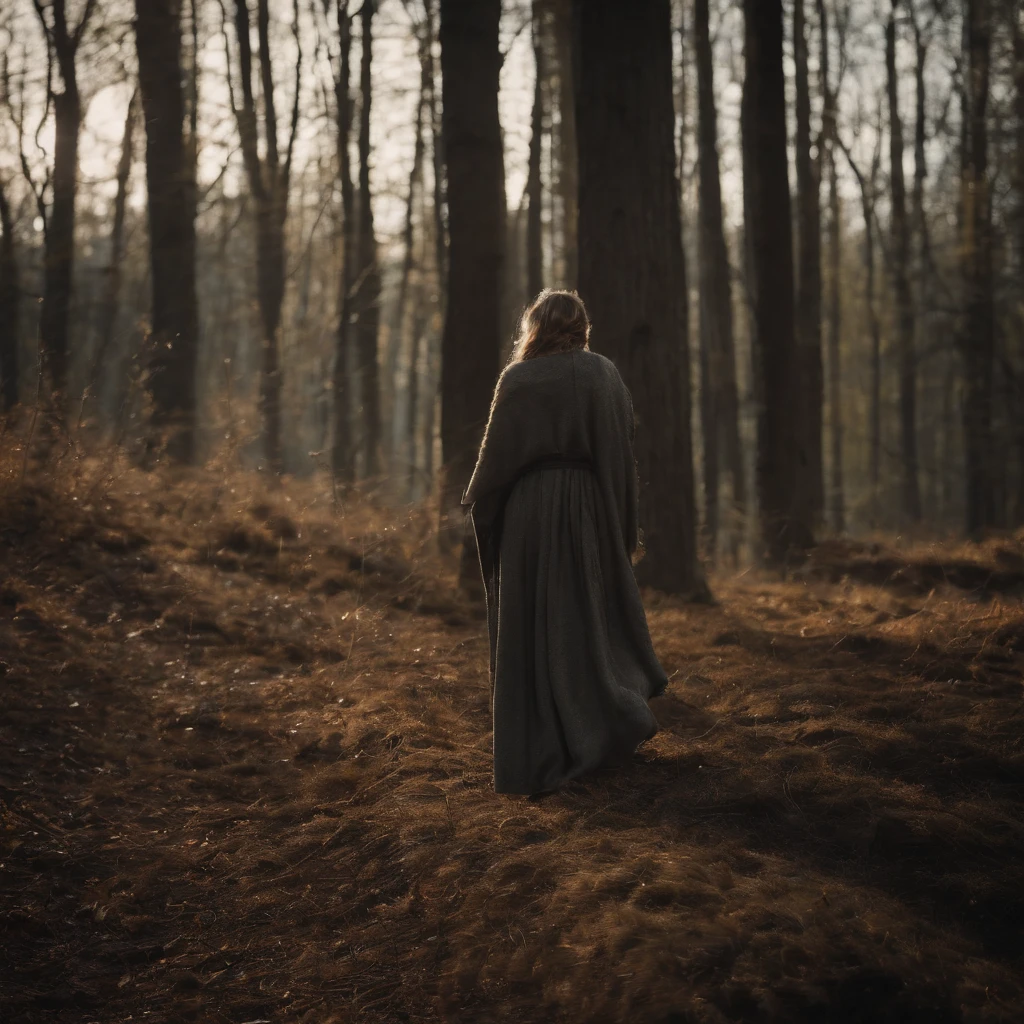 A translucent figure moves slowly through a haunted wood, its form barely discernible.