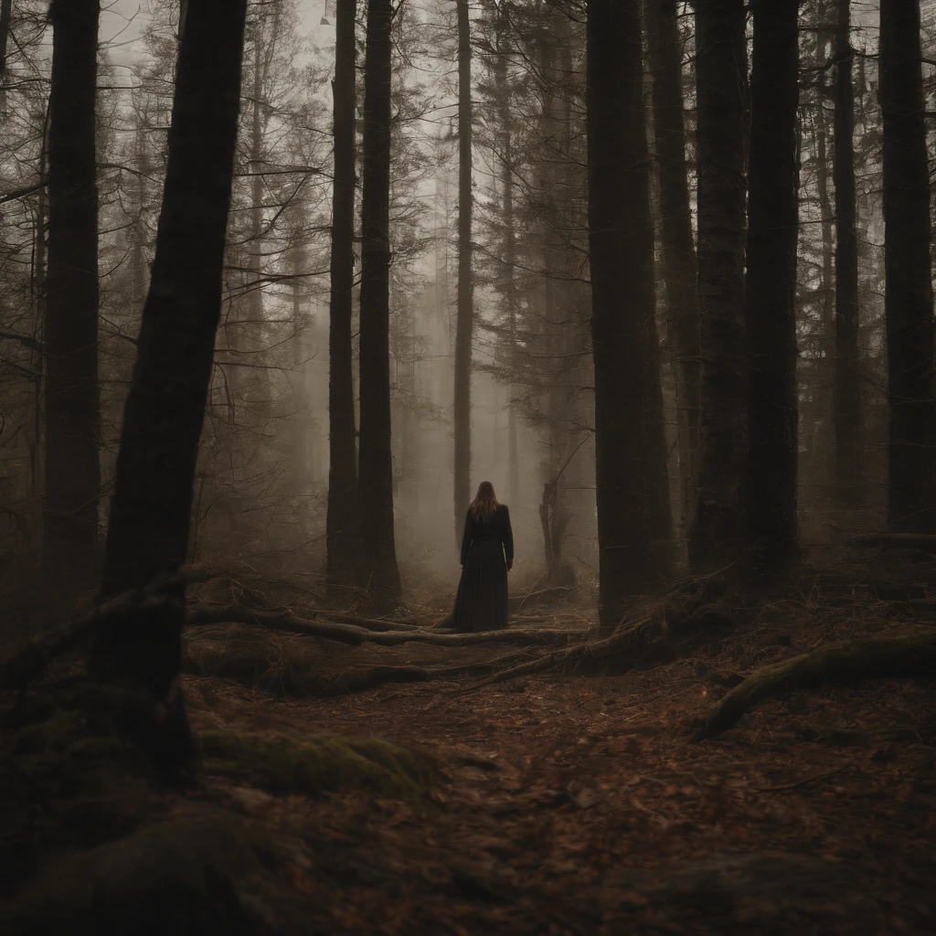 A translucent figure moves slowly through a haunted wood, its form barely discernible.