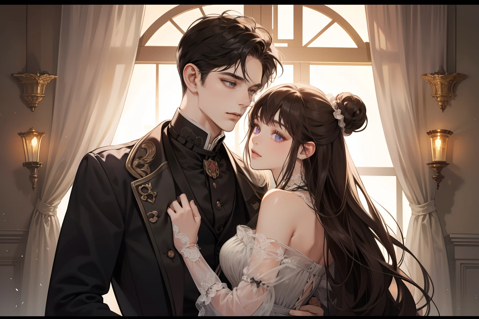 Couple, 1 girl 1 boy, different hair color, girl with long black bang hair with a bun, purple eyes girl, boy with short dark brown hair and grey eyes, romance, Victorian era, masterpiece, detailed, 4k, boy has darker skin