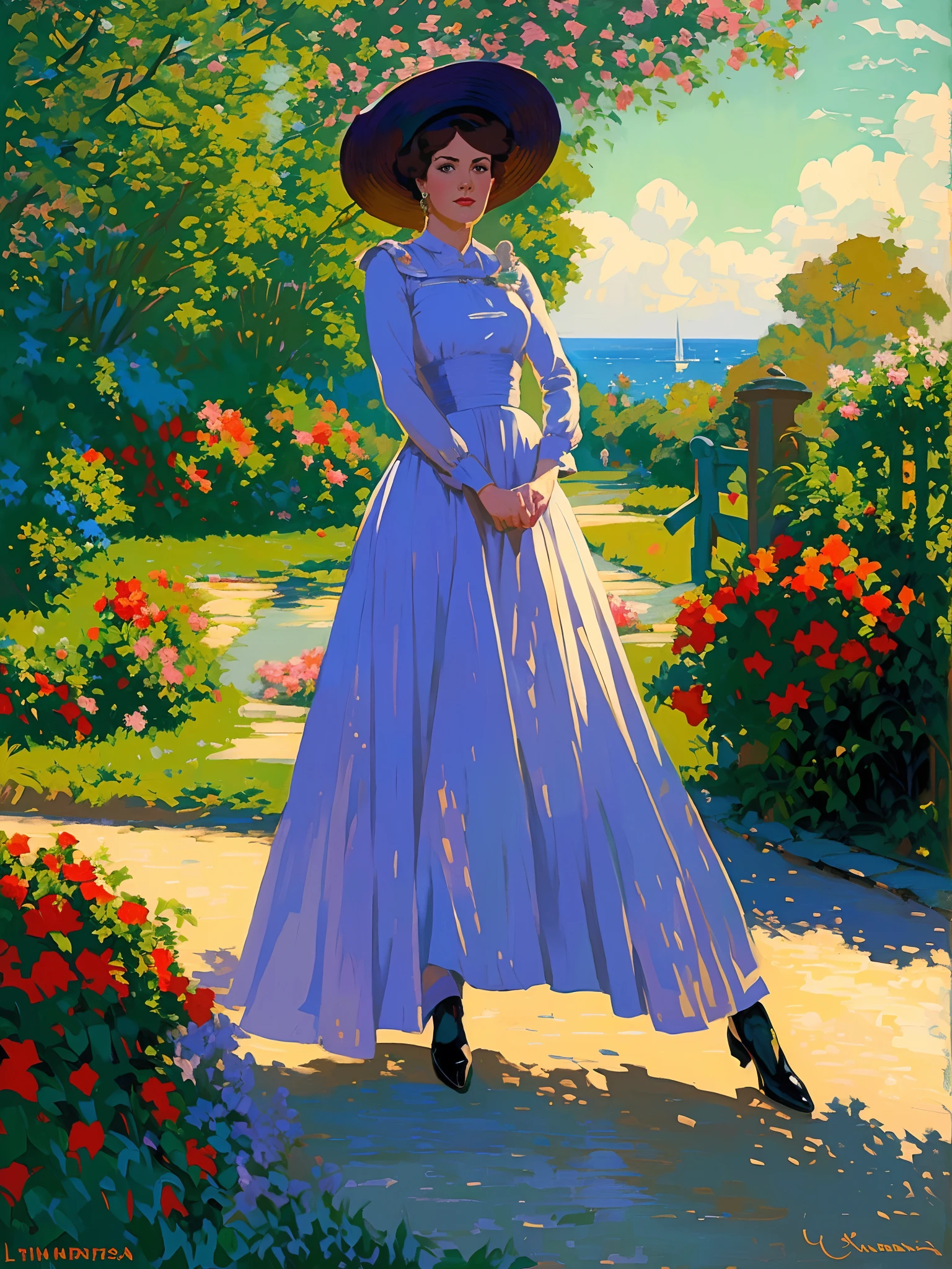 Painting of a woman in a blue dress and hat walking down the street, Tim Hildebrandt's style, Colin Campbell Cooper Speed Art, tim hildebrandt, greg hildebrandt, Tim and Greg Hildebrandt, Brother Hildebrandt, Greg Hildebrandt Very detailed, in style of steve henderson, otto schmidt, Inspired by Lauritz Taxen