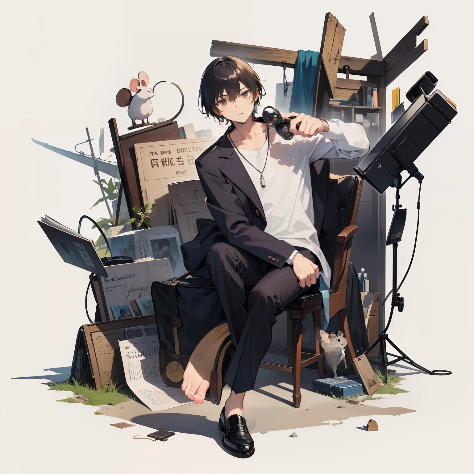 (mouthpiece, of the highest quality, Illustration, Very high quality, Very fine writing), Old-fashioned detective, Tattered clothes, Mouse on the shoulder, Mouse on the shoulder, Truth seeker, Full body, Lively, No background, One Person, Man's