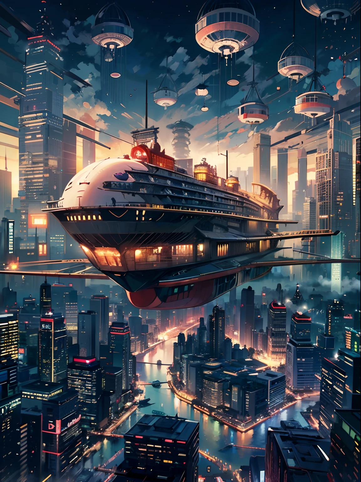 (Very large flying ship:2)、Lots of clouds,heavy fog、starrysky、Moon,Chaotic city of the future、Movie dystopia、A group of very tall skyscrapers stands in the center、Very complex cityscape,Crowded Chinese skyscrapers、street signs、streetlights、taxis、buses、Train、Pretty dim lighting、Dark road、puddles、Chaotic、Beautiful and fantastic scenery、Cinematic scenery、hightquality、masutepiece,in 8K、hight resolution、