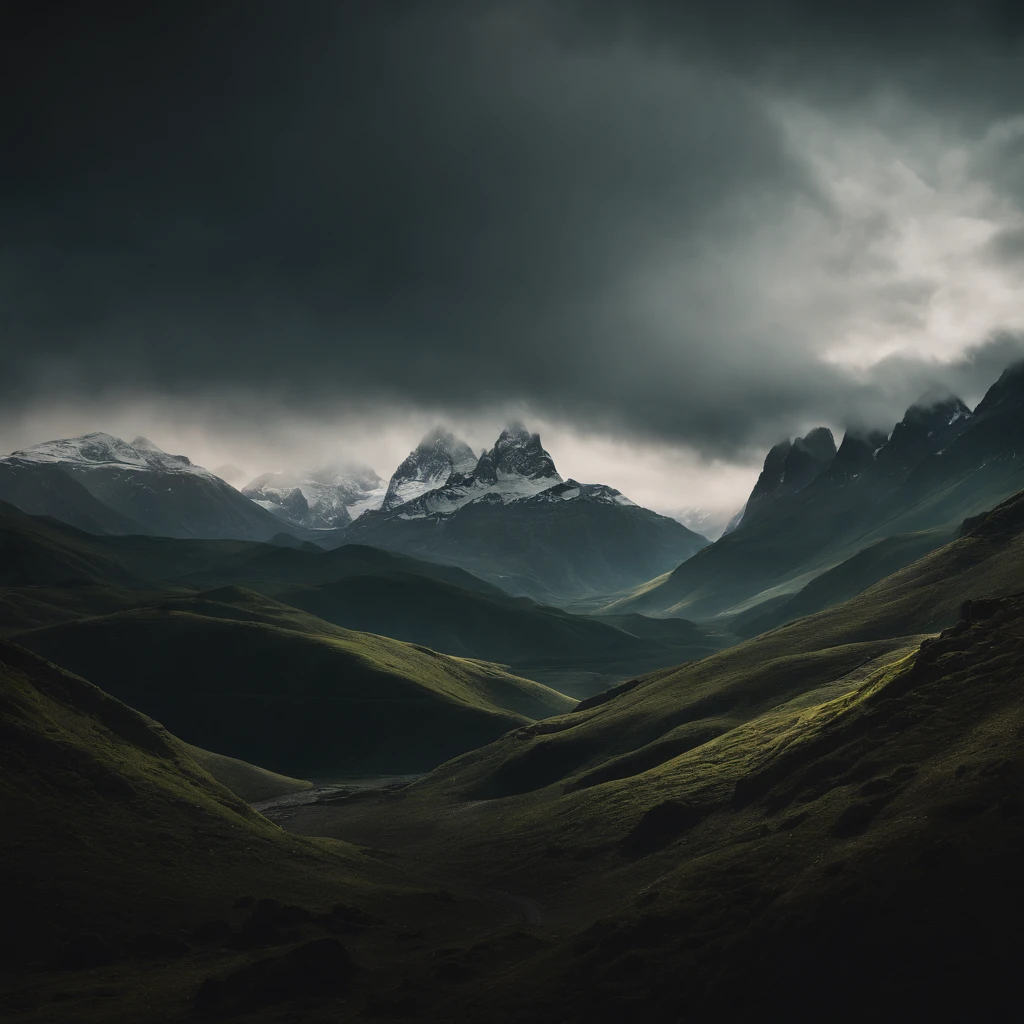 Create a modern artwork for an ai software company marketing campaign . visualise beautiful, flowing voice waveforms emphasizing the "Echoes Becoming Actions" theme. Colours: dark theme black grey white green. Combine it with a African mountain scene at night. Sound waves flowing over the mountain scene. Make a sleek elegant combination of technology and nature but prioritise the tech Style: futuristic, tech, crypto