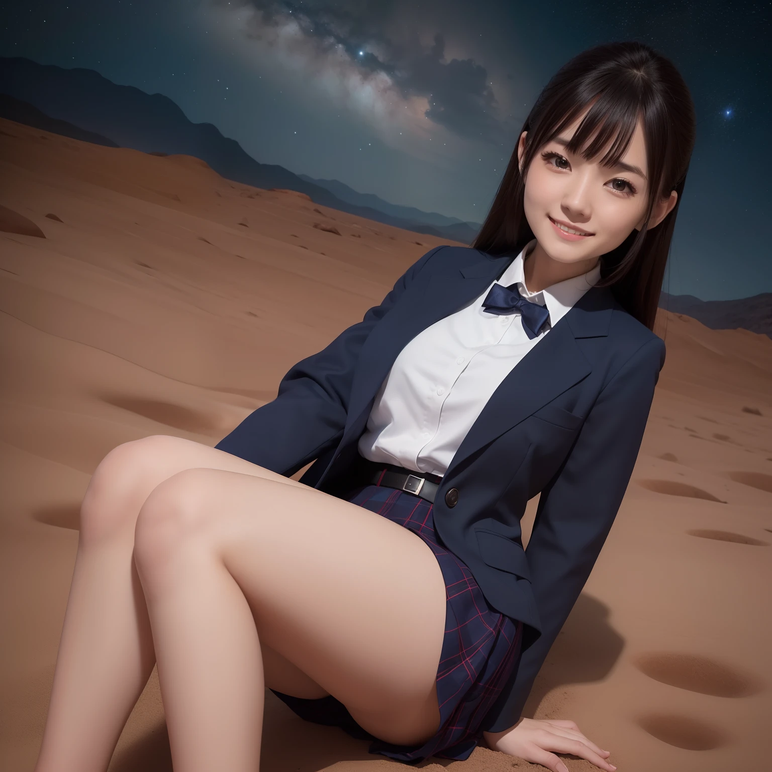 masutepiece, Super Detail, High quality, awardwinning, 8K, (girl), Solo, Smiling, japanese hight school uniform, (All formal jackets are dark navy blue), White shirt, Short skirts are plaid, Theme color is dark navy, up close shot, On the surface of Mars, (Reddish rocky desert), Wide Red Desert, At night, Starry sky, Milky way, Detailed fingers, scientific fiction