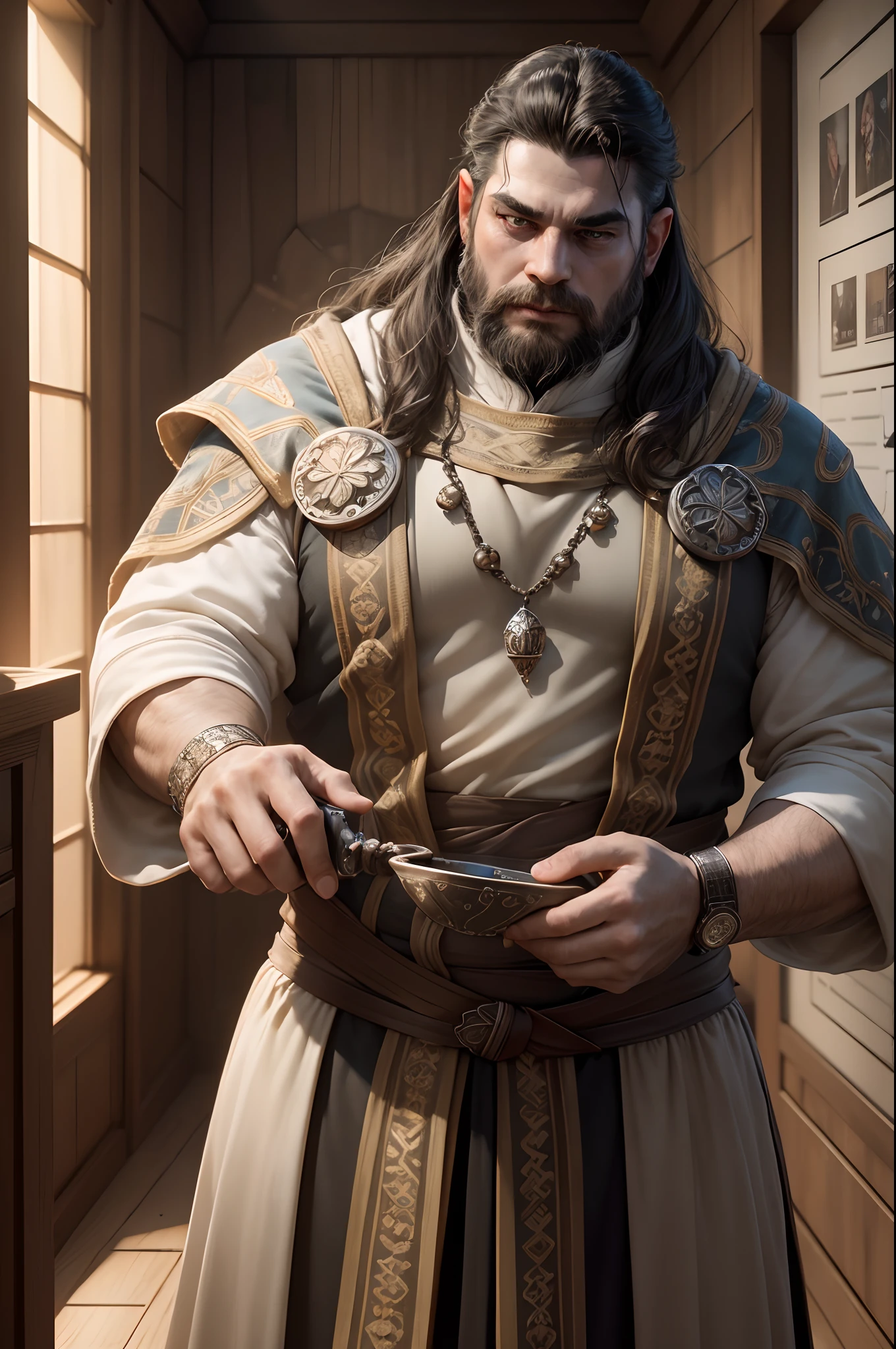 dwarven cleric with black hair:1.4, counting rosary beads, short dwarf, rpg, hi res, 4k, 8k, 16k, ultrahd, realisitic, photon mapping, radiosity, cinematic lighting, sharp focus, best quality, volumetric lighting, volumetric light, concept art, path tracing. warm colors, (RAW photo., best quality), (realistic, Realistic), NVIDIA RTX Ray Tracing, octan render, high-resolution, beautiful, Awesome, finely and highly detailed, masterpiece, ultra-detailed, High, (best illustration), (best shadow), intricate, sharp focus, perfect composition, fantasy, intricate, elegant, volumetric mist, 8k UHD, DSLR, high quality, (grain of film: 1.4), Fujifilm XT3, art-station, smooth and sharp focus, detailed