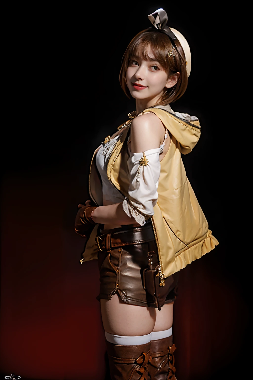 (masterpiece,best quality,super-high resolution,photorealistic:1.2),1girl,solo,yo,large breasts,(blunt bangs),extra detailed face,extremely detailed eye,detailed beautiful skin, light smile, solo focus,professional lighting,(look at viewer),cowboy shot,standing, (from behind),
ryza, 1girl, solo, shorts, gloves, belt, hat, head ribbon, jewelry, red shorts, brown hair, thighhighs, short shorts, bridal legwear, necklace, brown eyes, single glove, hair ornament, hairclip, star necklace, toeless footwear, leather, star (symbol), white headwear, brown gloves, boots, short hair, thighs, leather belt, brown belt, leather gloves, jacket, blue belt, navel, thigh boots, sleeveless jacket, thigh pouch, white thighhighs, collarbone, yellow jacket, brown footwear, cleavage, (upper body:1.5), from front, midriff, huge breasts