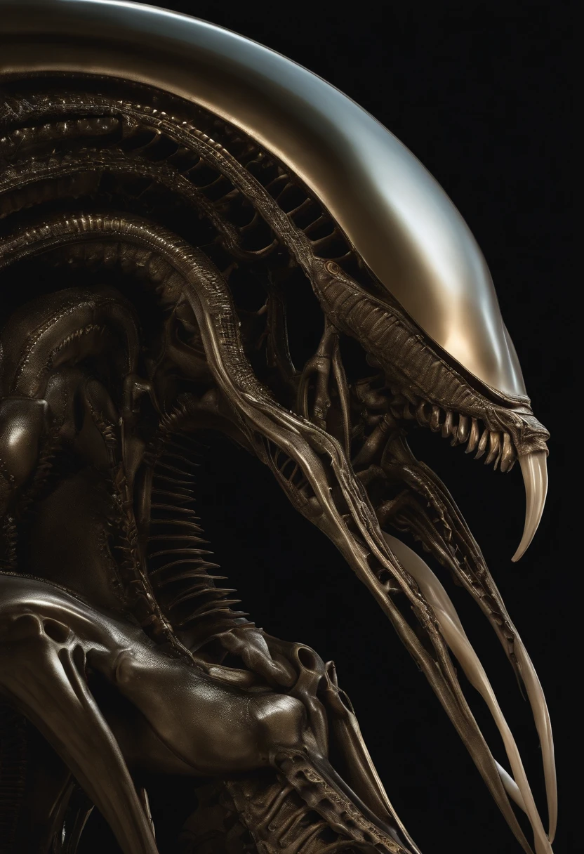 Beautiful female xenomorph, estilo fotorrealista, criatura, scientific fiction, Escuro, textura elegante, exoesqueleto brilhante, biomechanical design, elongated head, elongated jaw, dentes afiados, olhos negros penetrantes, corpo esguio, Biomechanical tail, translucent membrane, atmosfera estranha, lush alien landscape, flora vibrante, Mysterious rock formations, Atmospheric Illumination, cachoeiras em cascata, ethereal haze, Distant alien sky, Corpos celestes cativantes