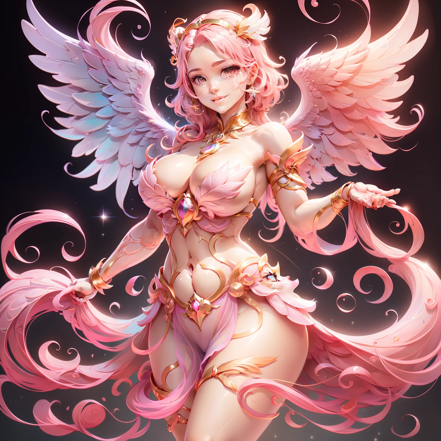 ultra realistic pictures. super fine art. super detail, micro expression detail. light smile. attractive, proportional pose, sexy girl, super beautiful, proportional face. charming girl in Greek ancient pink magenta traditional javaness costume, archangel, pink hair, pink eye, giant wings angel, golden magenta, golden aura, pink flame, universal logos, sparkling diamond dust. interstellar background, UHD, 8k