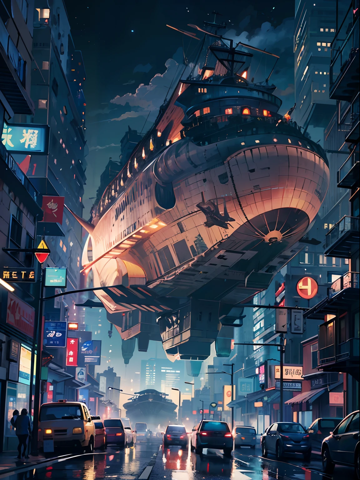 (Very large flying ship:2)、Lots of clouds,heavy fog、starrysky、Moon,Chaotic city of the future、Movie dystopia、A group of very tall skyscrapers stands in the center、Very complex cityscape,Crowded Chinese skyscrapers、street signs、streetlights、taxis、buses、Train、Pretty dim lighting、Dark road、puddles、Chaotic、Beautiful and fantastic scenery、Cinematic scenery、hightquality、masutepiece,in 8K、hight resolution、