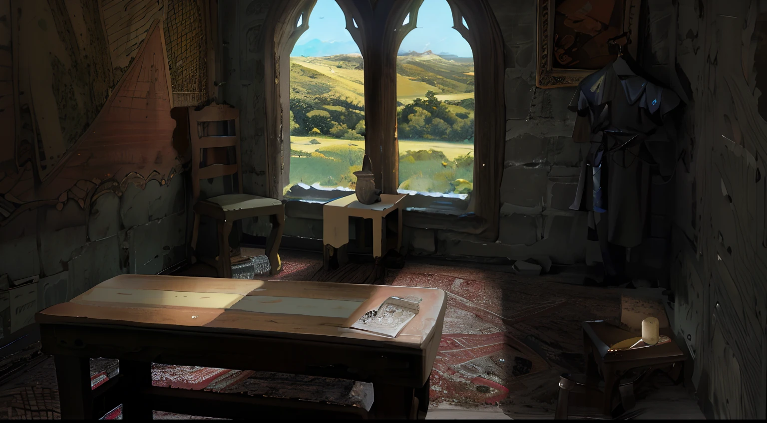 there is a table and a chair in a room with a view, photorealistic matte painting, highly detailed matte painting, realistic fantasy render, ultrarealistic matte painting, medieval d&d mood