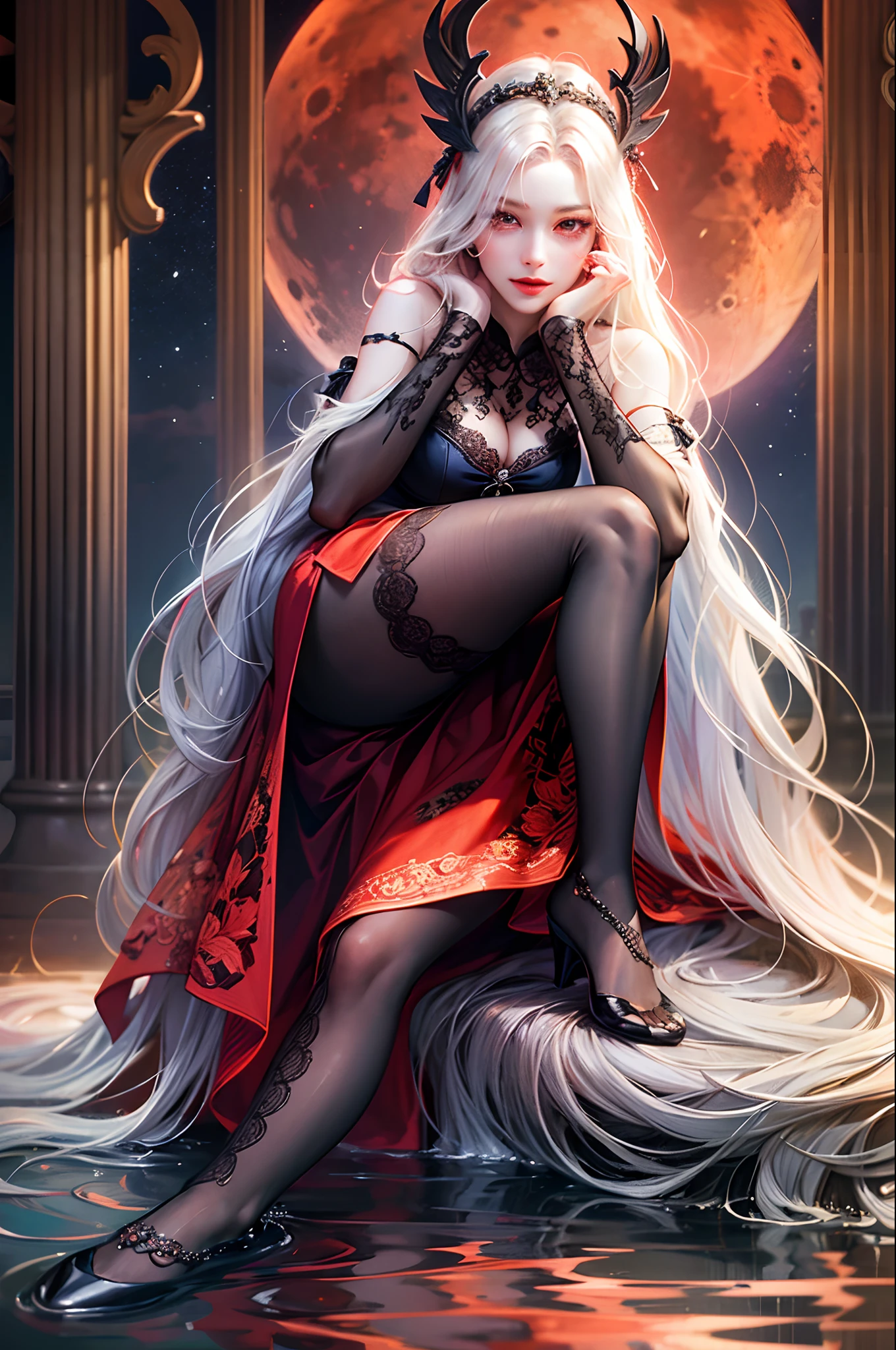ultra realistic 8k cg, Full body,masterpiece, ((ultra detailed background, delicate pattern, intricate detail)), sitting, formal, serious, glowing red eye, queen, goddess, divine, cursed, dark fantasy, (hair over one eye), (((malevolent shrine, dark water, night, red moon))), absurdly long hair, very long hair, white hair, looking at viewer, large breasts,  breasts out, lace, lace trim, lace-trimmed legwear,DPM++ 2M Karras,Perfect World v5 --auto --s2