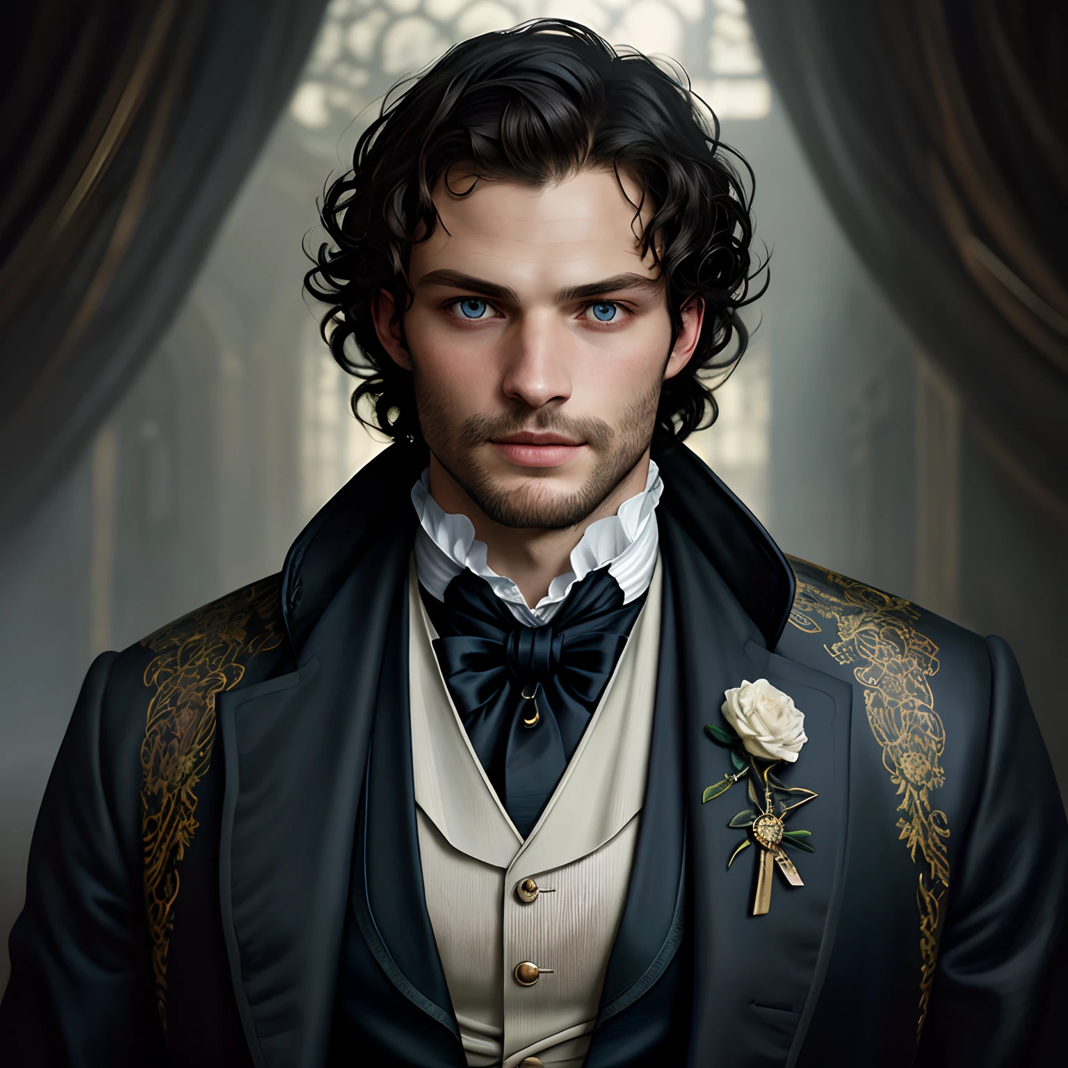 masterpiece stunning beautiful masculine jamie dornan, wearing regency suit, no hat, ((victorian manor background)), black very short and tidy combed hair, perfect, big and detailed blue eyes, resemblance to henri cavill with maxi iglesias, harmonic and detailed face, full body, cover, hyperdetailed painting, luminism, Bar lighting, complex, 4k resolution concept art portrait by Greg Rutkowski, Artgerm, WLOP, Alphonse Mucha: a stunning realistic photograph 30 years