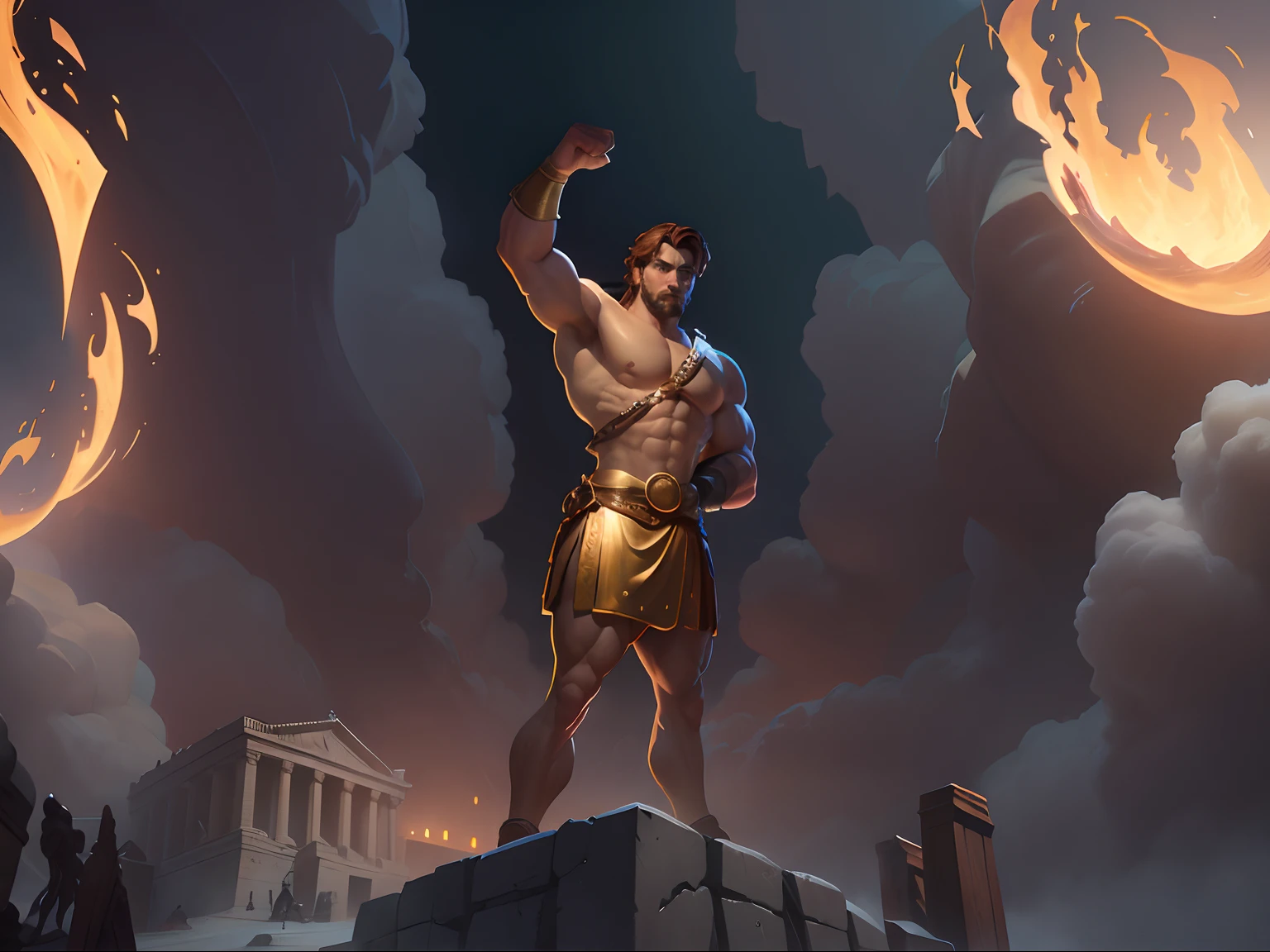 Hercules, hero of song and story. Hercules, winner of ancient glory. Fighting for the right, Fighting with his might, With the strength of ten, ordinary men. Hercules, people are safe when near him. Hercules, only the evil fear him. Softness in his eyes, Iron in his thighs, Virtue in his heart, Fire in every part, Of the Mighty Hercules. Victory is here, Raise a mighty cheer, At the side of Hercules! 8k resolution, photorealistic, perfect eyes, perfect mulcular anatomy, right fist and arm raised to Zeus, realism