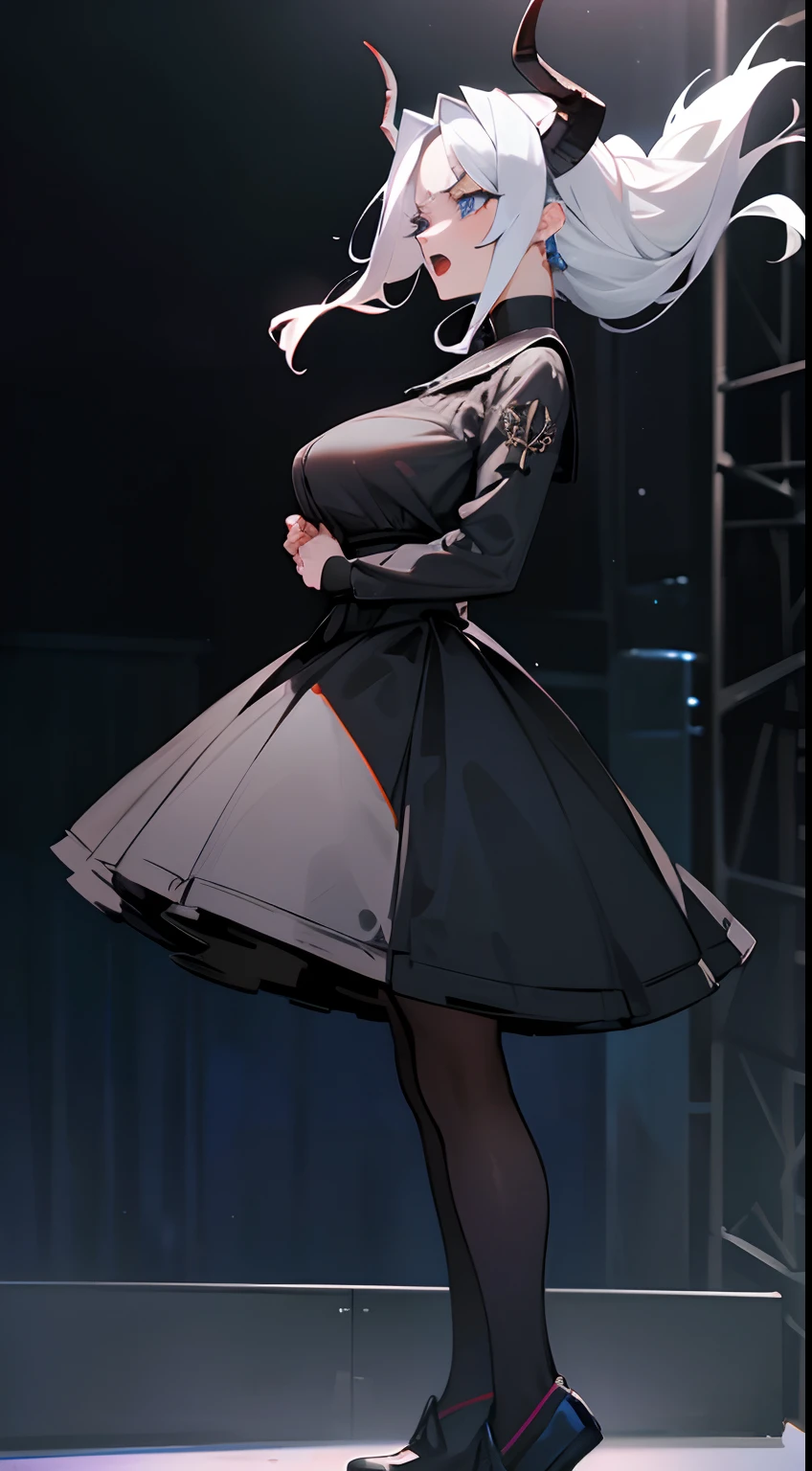 1woman adult with 40s,serious face,open mouth(((woman 40s face))),elegant black outfit,white hair,long hair, black demon horns,blue eyes,hd,masterpiece,8k,best quality,high quality,standing,detailed face,closed-up(((speaking on a stage at a large university)))