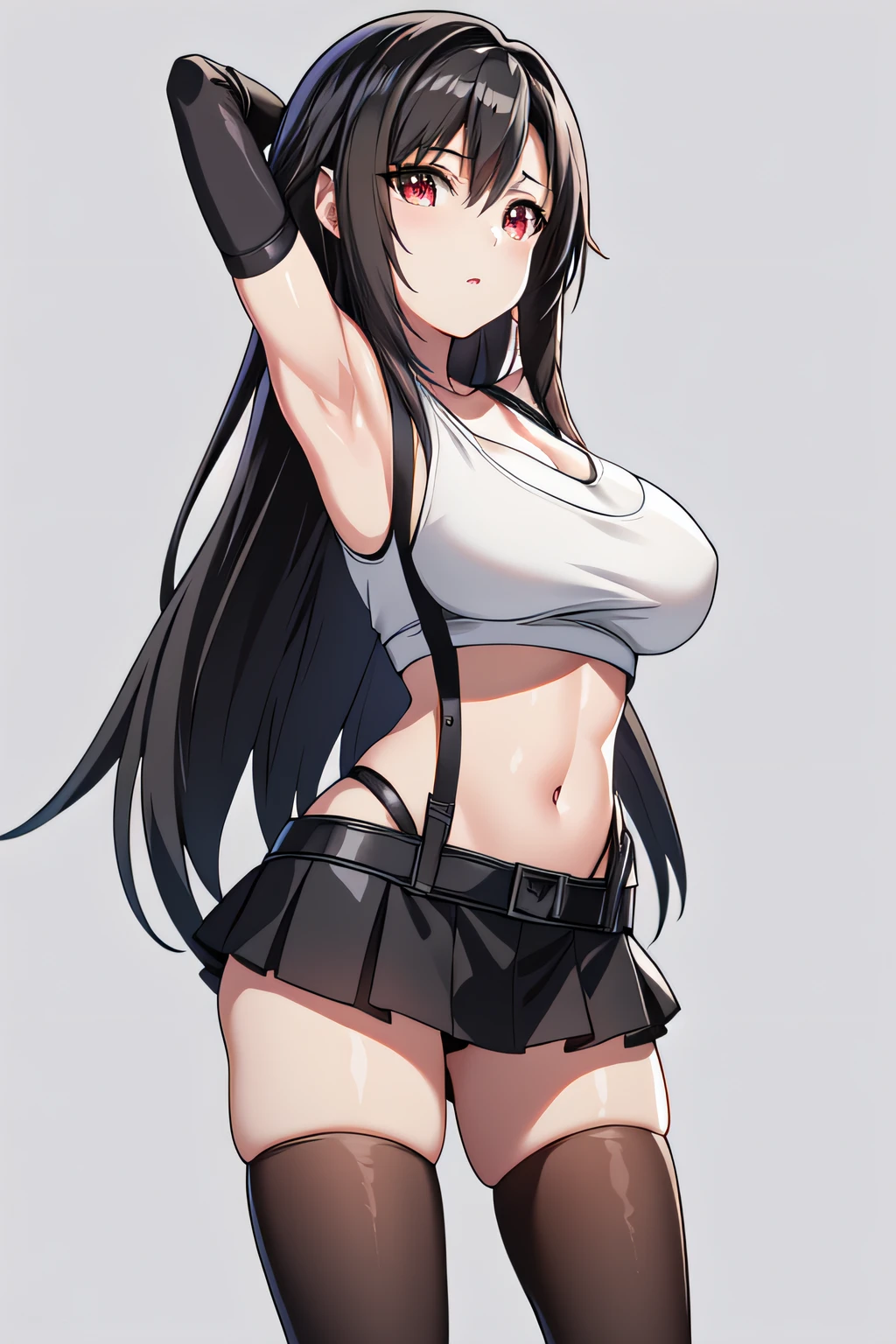 ((Highest quality)), ((masterpiece)), (detailed),full body ,slender. ((Rin々A cool female karateka)) small breasts Black Hair Long-haired ponytail ((A short, sleeveless white karate uniform)) Black shorts Knee-high boots Black martial arts belt kimono Leaning forward Open chest black fingerless gloves inside dojo