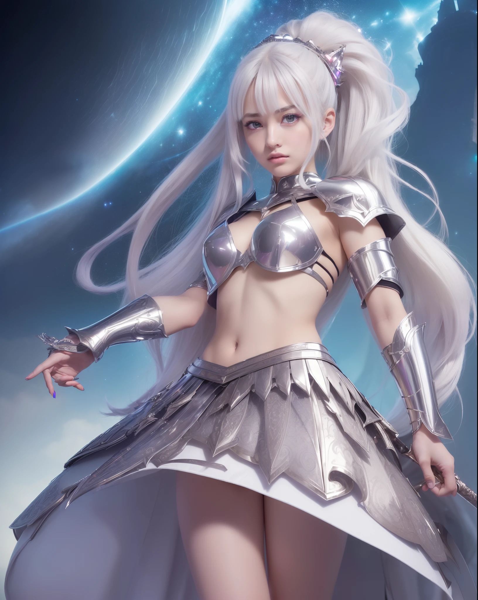 An ultra-high picture quality、(((full body Esbian)))、(((action scene)))、(((combat pose)))、It's a very dark Milky Way、(((colourfull)))、muitoﾘｱﾙHuman texture、 17 age、((Very cute beautiful Prague slim girl))、((Skin of 17-year-old Caucasian girl with veins showing through))、(((Under the short nose)))、(((no-makeup)))、(((stature:180cm、Head length:20 cm、Leg length:90 cm)))、(((well-muscled)))、Normal shoulder width、(((Long arms)))、long subumbilical、((thick and long torso))、Long below the knee、Thin thighs、(((a small face)))、(((small head)))、Natural double eyelids、 (1girl in:1.3),  Light persona, Dark Persona, mind control, fractral, ceiling, Artistic background, Geometric, organics, blessings, favor, noble, unfolded, elucidation, antigravity, Antimatter, holy, Sacred, spiritual, Dignified, Luminescent, Holographic, About Magic Circle, photons, scales, Beak,artistic、(((Fanciful))) ,((( brightly colored eyebrows))),(((Ultra high resolution pale silver hair and silky thin shiny eyebrows)))、Super luxury packed with luxury accessories、(((((Very heavy and elaborate armor of very shining reflective iron)))))、(((Extremely elaborate articulated armor)))、(((Very elaborate weapons)))、(((action scene)))、(((Hair and skin with pores,)))、(((Extremely delicate and brightly colored targets)))、(((Beautiful glowing caucasian woman with bright iris iris eye with ultra high definition pattern)))、(((I love you))),(((Small drooping eyes with a gentle feeling)))、(((very thin eyelashes)))、(((Realistic naked eye)))、High Definition Lip、A Princess、(((Dreams)))、(((Your imagination)))、(((Fluffy High Half Twin Tail Hair)))、Luxurious Princess Tiara、Luxury Princess Necklace、(((Looking at the camera)))、(((A gaze to look here)))、(((With movement)))、(((valkyrie)))、Navel in a high position、((The sword))、(((magia)))、(((magic circles)))、Innovative configuration、((Time Gate))、Knights、(((Perfectly accurate universe)))、Irridescent color、(((Full body armor)))、(((full armor)))、armor、(((With a longsword)))、(((fighting s
