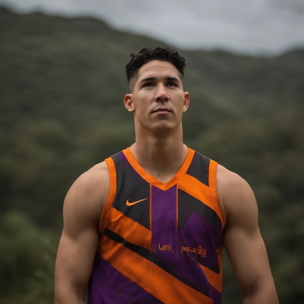 Devin Booker, NBA Player, dressed as an Aztec King, colors purple and orange, no headdress, holding a NBA regulation basketball, staged in the middle of the rainforest, surrounded by Aztec pyramids, high quality background, ultra detailed scenery ,(photorealistic), beautiful lighting, best quality, realistic, full body portrait, real picture, intricate details, depth of field, Fujifilm XT3, outdoors, bright day, Beautiful lighting, RAW photo, 8k uhd, film grain, ((bokeh))