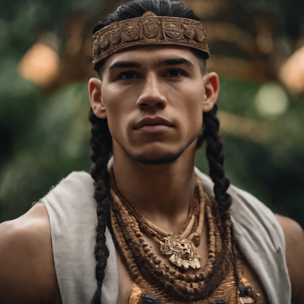 Devin Booker, NBA Player, dressed as an Aztec King, colors purple and orange, no headdress, holding a NBA regulation basketball, staged in the middle of the rainforest, surrounded by Aztec pyramids, high quality background, ultra detailed scenery ,(photorealistic), beautiful lighting, best quality, realistic, full body portrait, real picture, intricate details, depth of field, Fujifilm XT3, outdoors, bright day, Beautiful lighting, RAW photo, 8k uhd, film grain, ((bokeh))