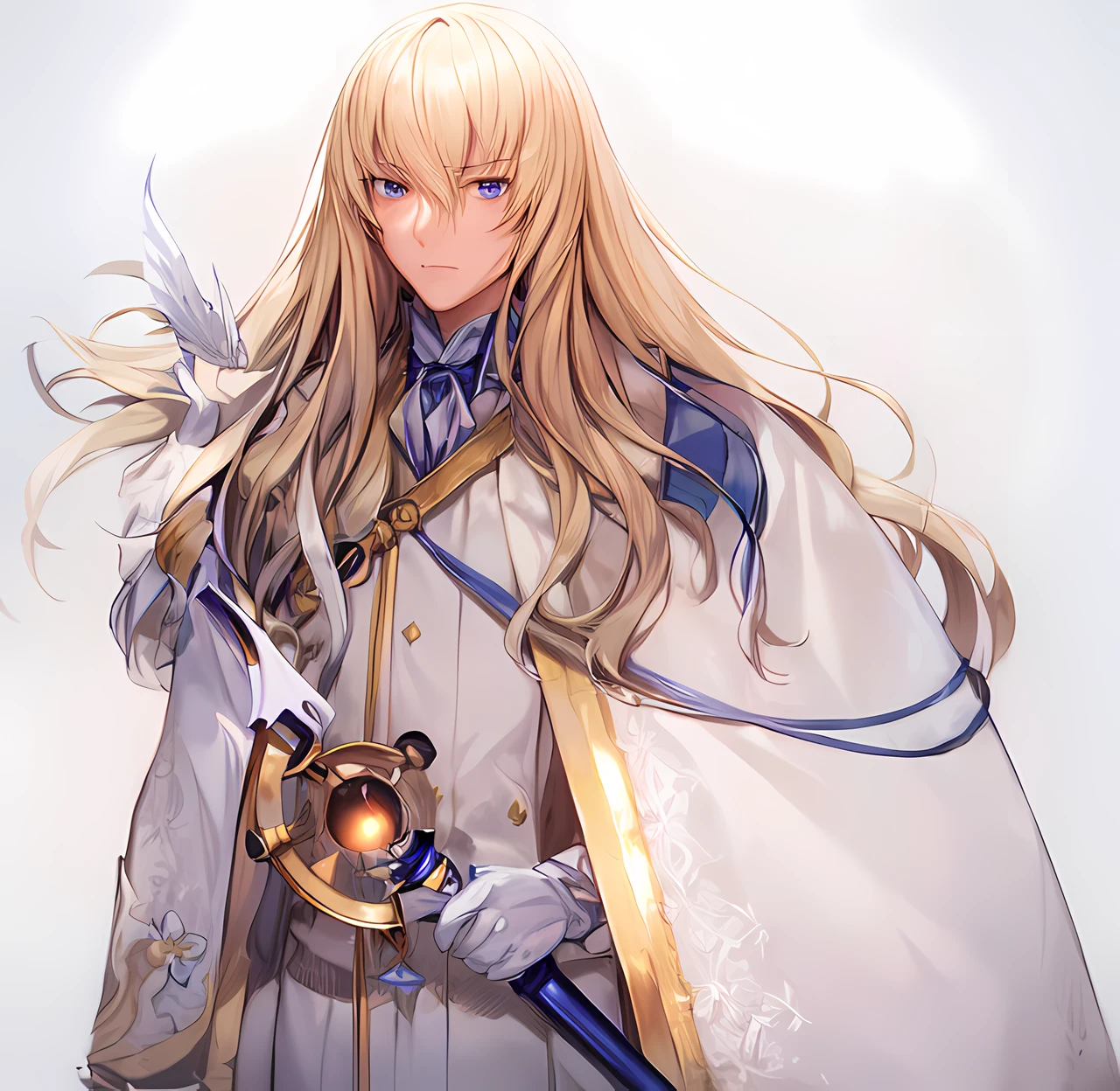 absurdres, masterpiece, bestquality, a man in a cape standing alone holding a staff, 1boy, long hair, blonde hair, male focus, solo, white gloves, weapon, blue eyes, white suit with gold accent, staff, white gloves, formal, white half-cape, half body, handsome, blue cravat, no background