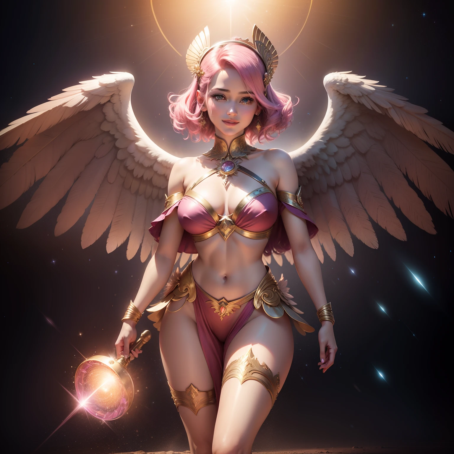 ultra realistic pictures. super fine art. super detail, micro expression detail. light smile. attractive, proportional pose, sexy girl, super beautiful, proportional face. charming girl in ancient pink magenta traditional javaness costume, archangel, pink hair, pink eye, giant wings angel, golden magenta, golden aura, pink flame, universal logos, sparkling diamond dust. interstellar background, UHD, 8k