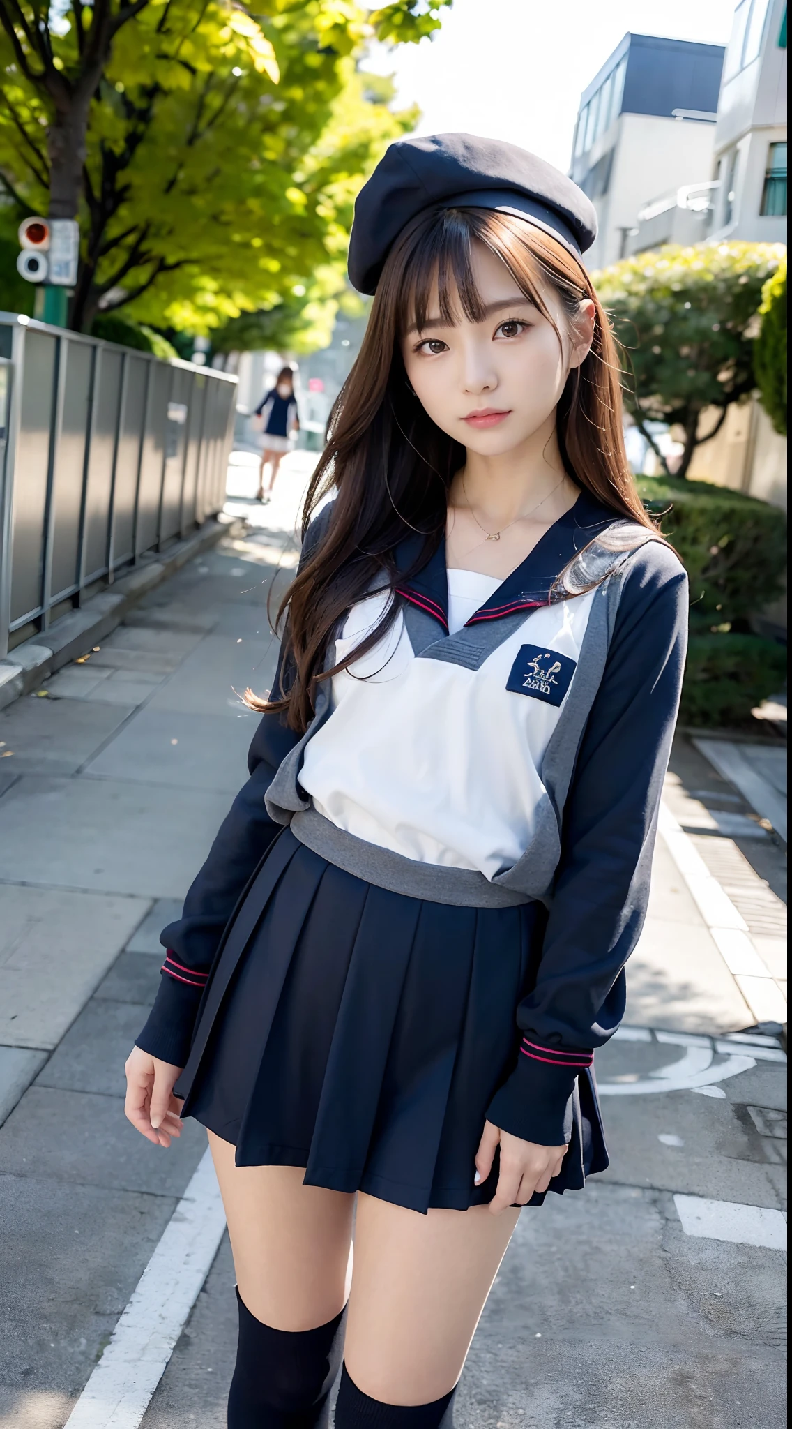 mix4, (16 K, Raw photography, Top image quality, masterpiece: 1.45), (realisitic, Photorealsitic: 1.37), one girls, 7.5, etc、Standing figure,Noon time slot、cute little, A city scape,, profetional lighting, photon maping, Cityscape with street trees, physically-based renderingt, Gradient dark brown hair,, a handsome, Well-groomed and beautiful eyes、Large double eyelids、Very shiny、girl with, (((student clothes、Long sleeve sailor suit worn by Japan schoolgirl、red cuffs、Dark blue mini skirt, Small gray beret、Dark blue knee-high socks、Black loafers))), Top Quality Photos, hight resolution, 1080p, (clearface), (Detailed face description), (Detailed hand description), (masterpiece), (Exquisite CG)、extreme light and shadows、dishevled hair、master work、abundant detail、(Fine facial features)、(top quality photo)、(masuter piece)、(A detailed eye)、Look in front of you、Fine clavicle、((Slender big))、(((Japan schoolgirl in long-sleeved sailor suit)))、((Ready Idol System))、((Boulevard with street trees、Scramble crossing))、(Shooting from random perspectives)、(((Anyway cute)))、耳Nipple Ring、A big smile、Drawing the whole body from the knees、Do not draw nasolabial folds、(((Long-sleeved sailor suit)))、(Big breasts that hang down big:0.9)、Big buttocks with tension、Two arms and two legs、(((from the front side:0.5)))、bare hand、No mask