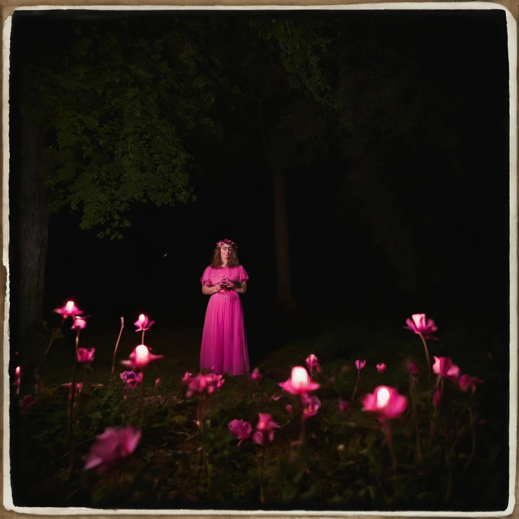 (Masterpiece, best quality:1.4), wide angle candid lomo shot, Human Barbie, with a mischeiveous sinister smirk, dressed in a pink witch outfit with oversized glasses, stands by Kens grave in a cemetery. She wears a witch's hat with pink-streaked hair. bubblegumcore, surrealism, neon poison, potion vials, the scene is at night with a sinister vibe, suggesting dark magic, Low ISO, fast shutter speed, tripod, wide-angle/telephoto lens. flashlight, lantern, book, scroll, petals, symbolic object. Artistic ideas: darkroom filter, grainy filter, double exposure, light painting. Inspired by photographers like Joshua Hoffine, James Van Der Zee, Robert Mapplethorpe
