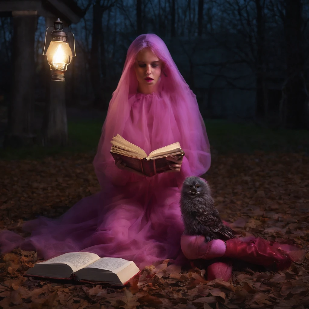(Masterpiece, best quality:1.4), wide angle candid lomo shot, Human Barbie, with a mischeiveous sinister smirk, dressed in a pink witch outfit with oversized glasses, stands by Kens grave in a cemetery. She wears a witch's hat with pink-streaked hair. bubblegumcore, surrealism, neon poison, potion vials, the scene is at night with a sinister vibe, suggesting dark magic, Low ISO, fast shutter speed, tripod, wide-angle/telephoto lens. flashlight, lantern, book, scroll, petals, symbolic object. Artistic ideas: darkroom filter, grainy filter, double exposure, light painting. Inspired by photographers like Joshua Hoffine, James Van Der Zee, Robert Mapplethorpe