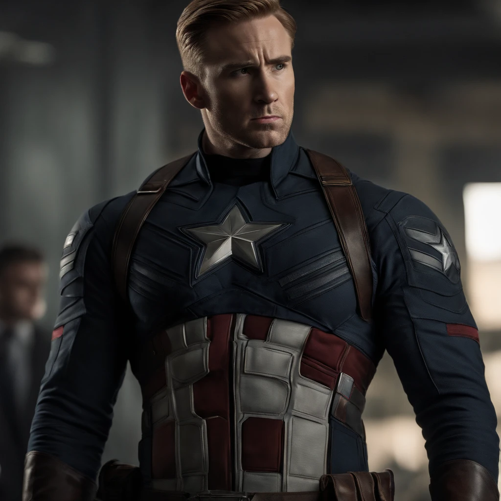 Captain america Chris Evans, 8k, cinematic, hyper-realistic, highly detailed, masterpiece, best quality, portrait front view, Chris Evans face