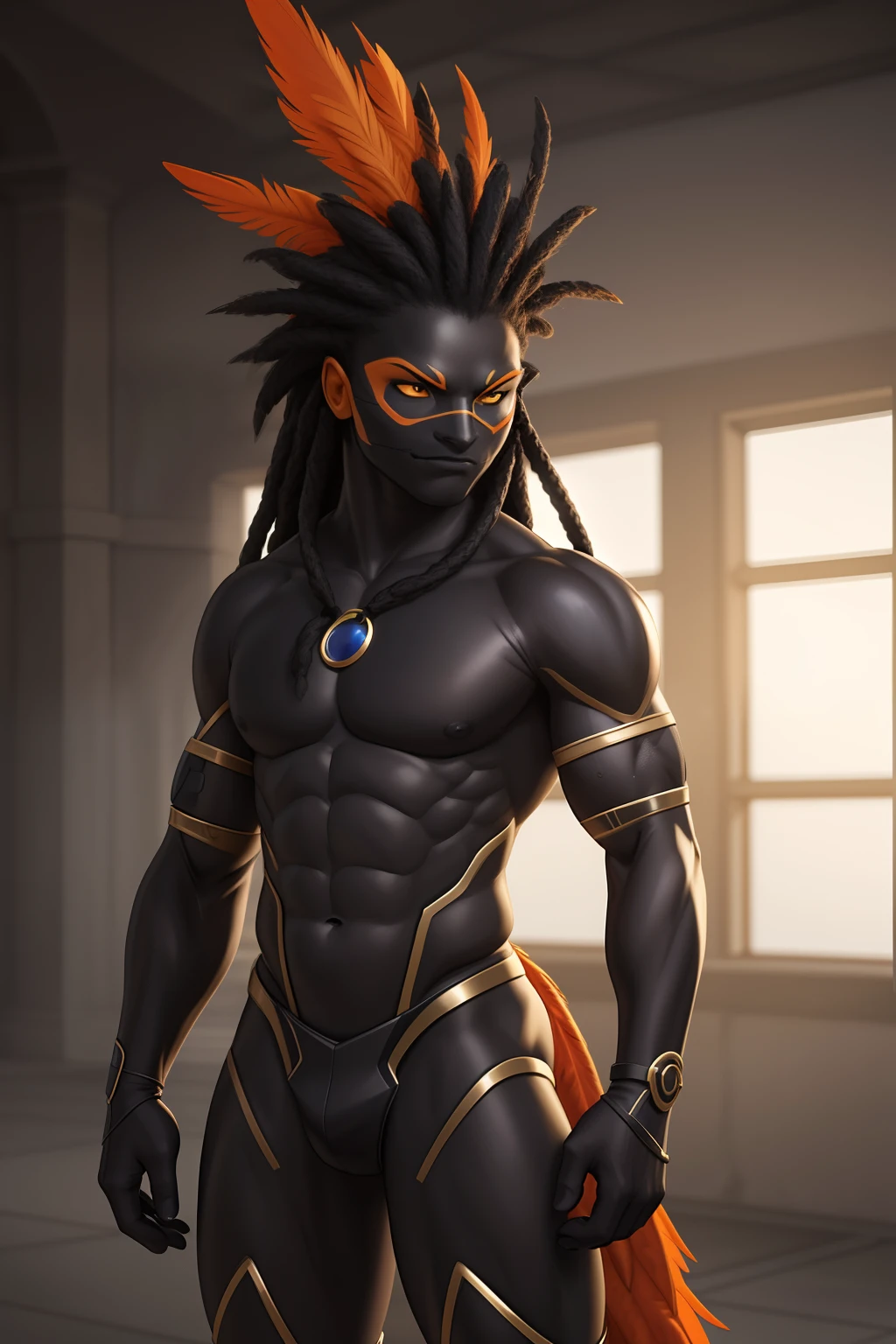 Create an image of a black ninja after an apocalypse in the future, afro cabelo caindo para frente, Rasta type but braided,tiro de corpo inteiro, tiro de corpo inteiro, wearing an Indian costume ,African tribule Biomechanical creature in humanoid form, com pele opalescente e escamas, master part, absolutamente perfeito, imagem impressionante, visualmente rico, intrinsecamente detalhado, arte conceitual, por Mschiffer, Bright holographic, cinemactic, papel de parede uhd, ....3d, octan render, Volumetric lights, corpo inteiro