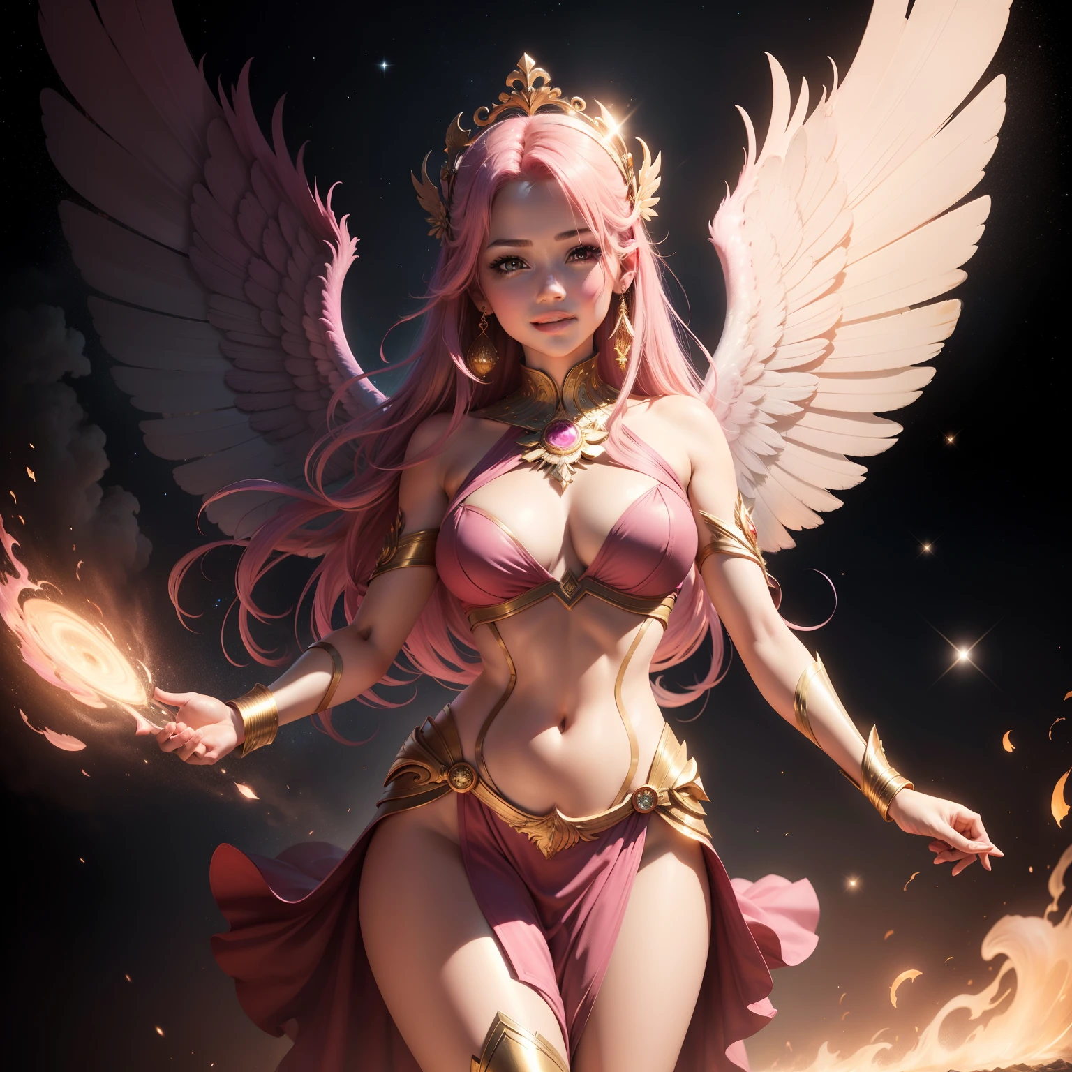 ultra realistic pictures. super fine art. super detail, micro expression detail. light smile. attractive, proportional pose, sexy girl, super beautiful, proportional face. charming girl in ancient pink magenta traditional javaness costume, archangel, pink hair, pink eye, giant wings angel, golden magenta, golden aura, pink flame, universal logos, sparkling diamond dust. interstellar background, UHD, 8k