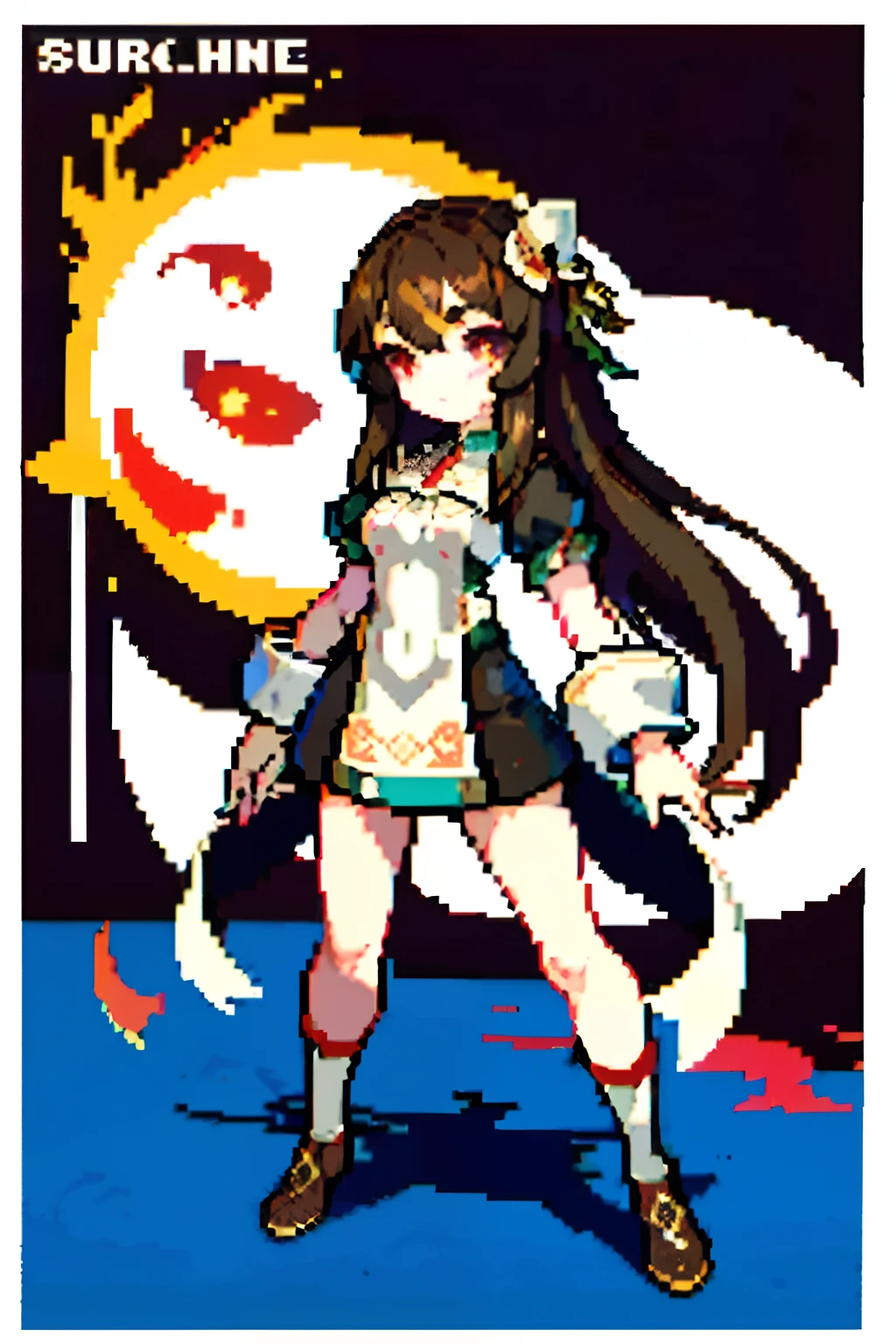 (masterpiece, top quality, best quality), pixel,pixel art,1girl,full body, long brown hair, Red eyes