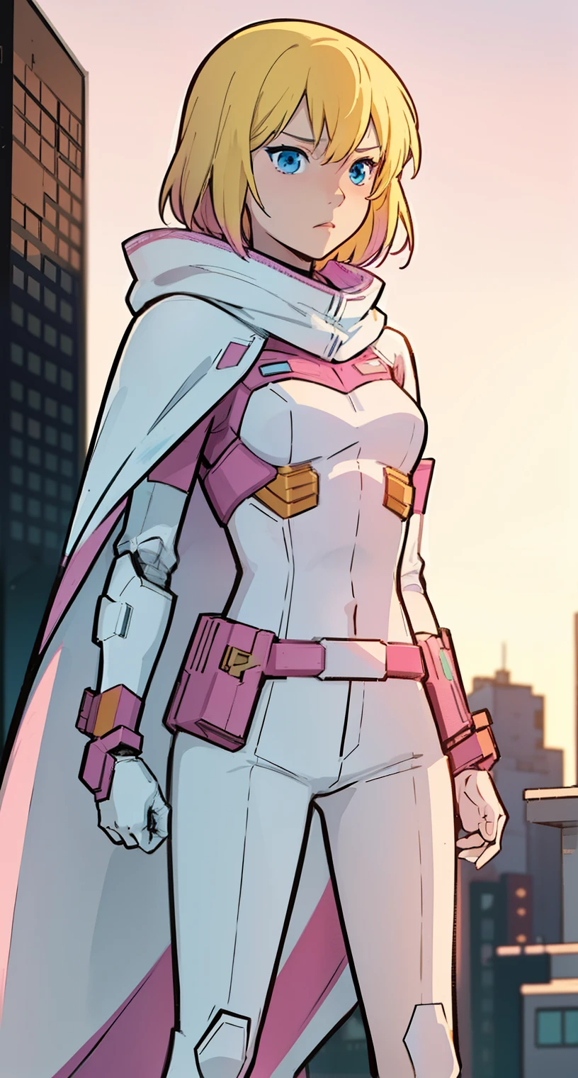 solo, 1girl, (masterpiece), ((16 year old appearance)), Blonde hair, Medium hair, blue eyes, anime girl, pink super hero uniform with white pants, cloak, small breasts, robotic Gauntlet, cyberpunk city, nigth, Slouching Pose, Serious expression