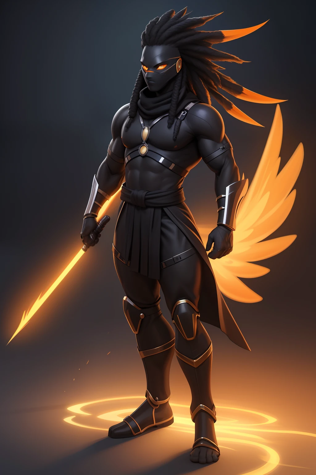 Create an image of a black ninja after an apocalypse in the future, afro cabelo caindo para frente, Rasta type but braided,tiro de corpo inteiro, tiro de corpo inteiro, wearing an Indian costume ,African tribule Biomechanical creature in humanoid form, A realistic 4K phoenix with orange feathers, with a serious expression and looking forward, corpo inteiro. com pele opalescente e escamas, master part, absolutamente perfeito, imagem impressionante, visualmente rico, intrinsecamente detalhado, arte conceitual, por Mschiffer, Bright holographic, cinemactic, papel de parede uhd, ....3d, octan render, Volumetric lights, corpo inteiro