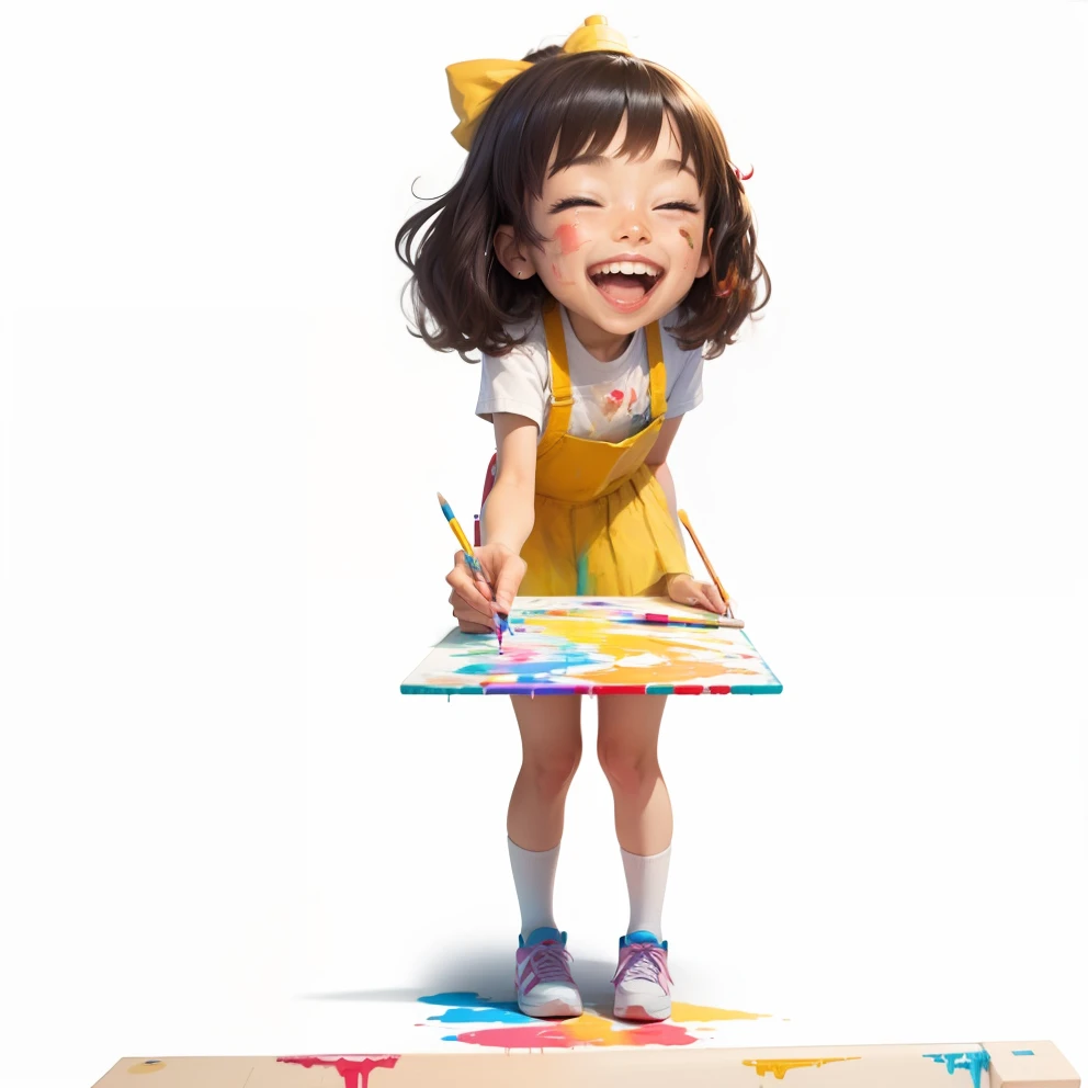 Very cheerful and smiling she is painting a rather colorful and abstract picture that is on an easel