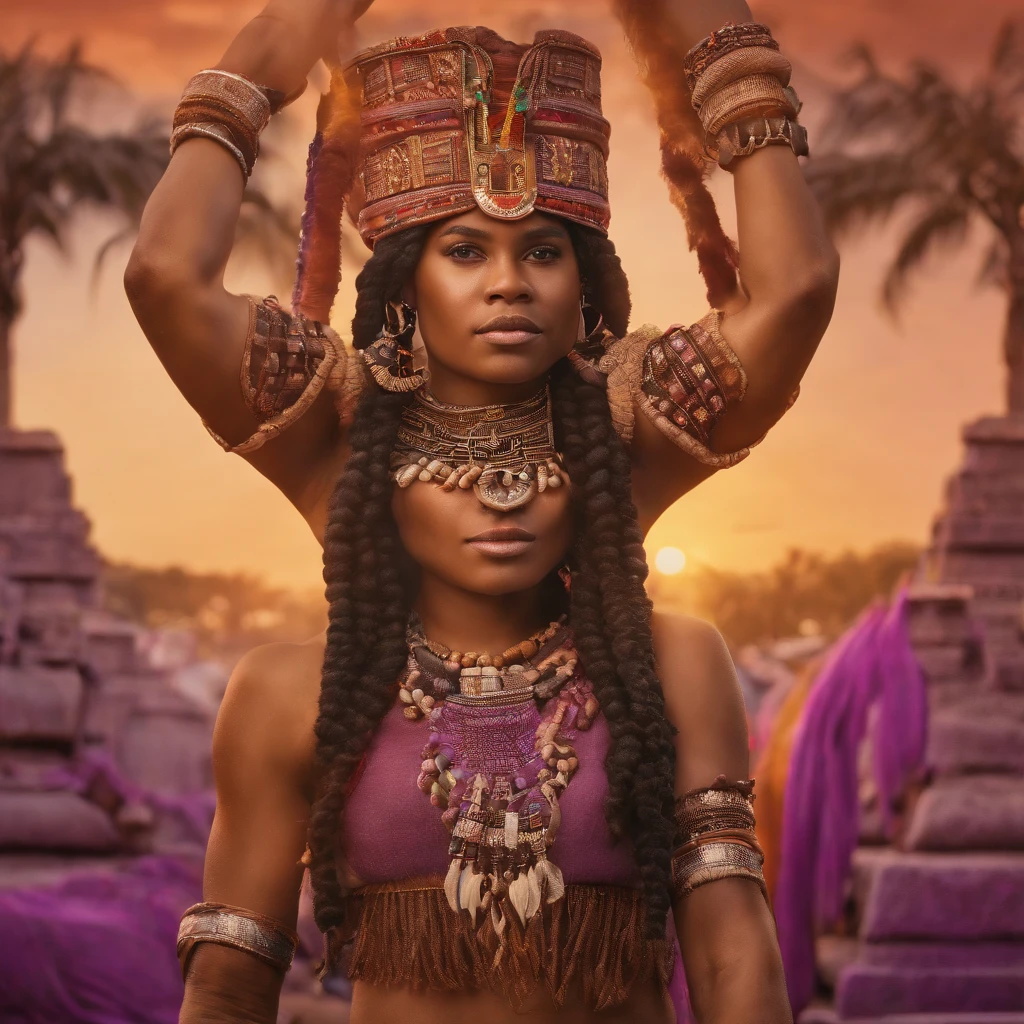 Justin Bieber, Singer, dressed as an Aztec King, colors purple and orange, no headdress, holding a NBA regulation basketball, staged in the middle of the rainforest, surrounded by Aztec pyramids, high quality background, ultra detailed scenery ,(photorealistic), beautiful lighting, best quality, realistic, full body portrait, real picture, intricate details, depth of field, Fujifilm XT3, outdoors, bright day, Beautiful lighting, RAW photo, 8k uhd, film grain, ((bokeh))