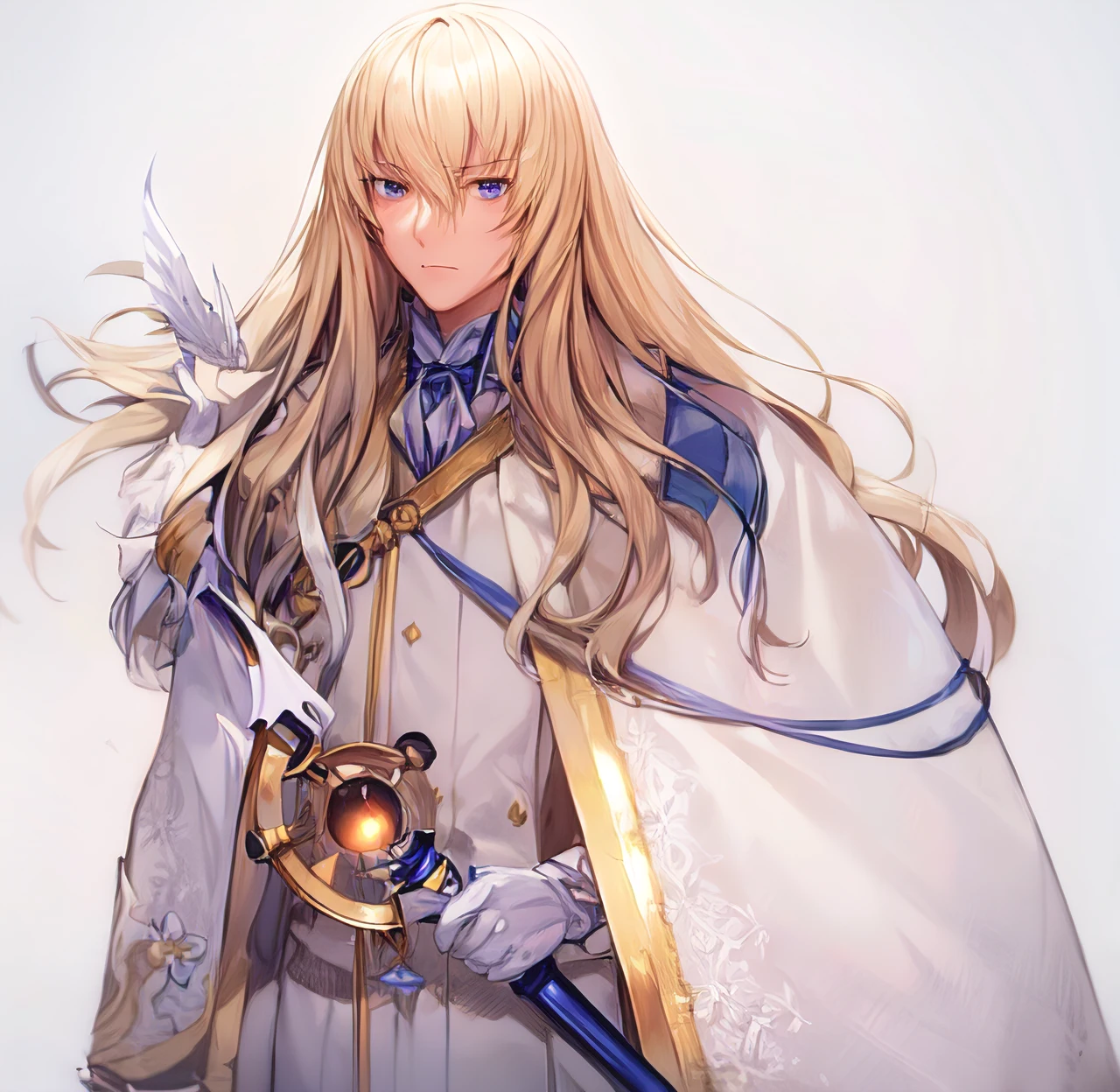 absurdres, masterpiece, bestquality, a man in a cape standing alone holding a staff, 1boy, long hair, blonde hair, male focus, solo, white gloves, weapon, blue eyes, white suit with gold accent, staff, white gloves, formal, white half-cape, half body, handsome, blue cravat, no background