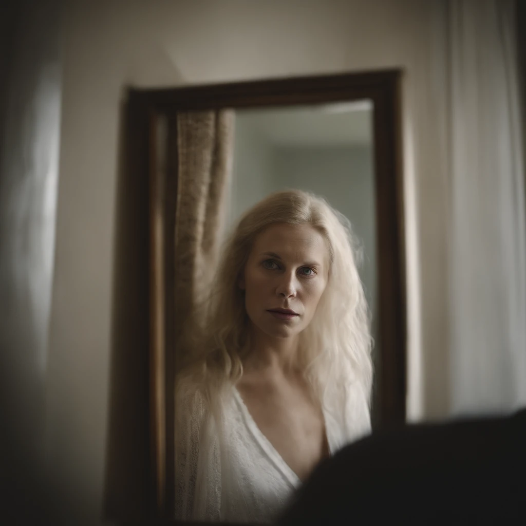 Ultra realistic image of creepy spirit of a blonde woman , com vestido branco , pale, terrifying face , She's inside a bathroom and in that bathroom there's a mirror on the wall next to her