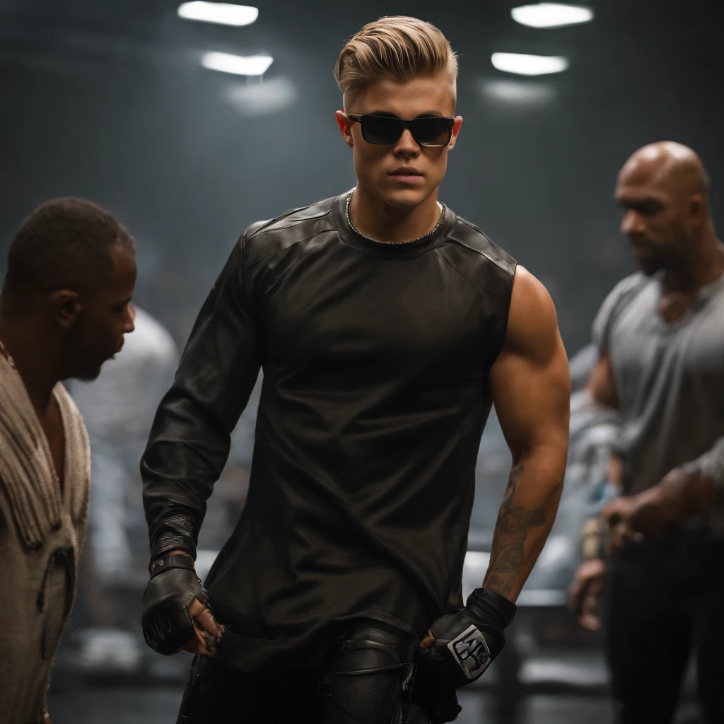 Justin Bieber, Singer, Realistic, Masterpiece, Best quality, Cinematic lighting, naturalshadow, Highest detail, Professional photography, Detailed background, Depth of field, insanely details, Intricate, Aesthetic, Detailed face, Subsurface scattering, photo-realistic hair, Realistic eyes, Muscular, Masculine, Big Pectoral Muscles, Shiny skin, Photo of a handsome man, There is stubble, Wear a seat belt, arm belt, Nightclub, Dancing, buzz cut,large muscle,Latex pants,Black sunglasses