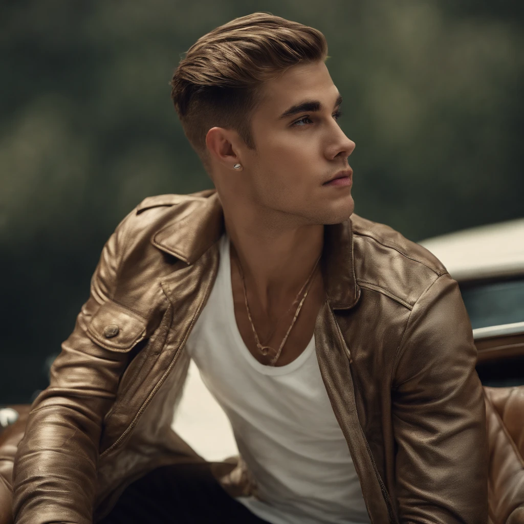 Justin Bieber, Singer, Realistic, Masterpiece, Best quality, Cinematic lighting, naturalshadow, Highest detail, Professional photography, Detailed background, Depth of field, insanely details, Intricate, Aesthetic, Detailed face, Subsurface scattering, photo-realistic hair, Realistic eyes, Muscular, Masculine, Big Pectoral Muscles, Shiny skin, Photo of a handsome man, There is stubble, Wear a seat belt, arm belt, Nightclub, Dancing, buzz cut，large muscle，Latex pants，Black sunglasses