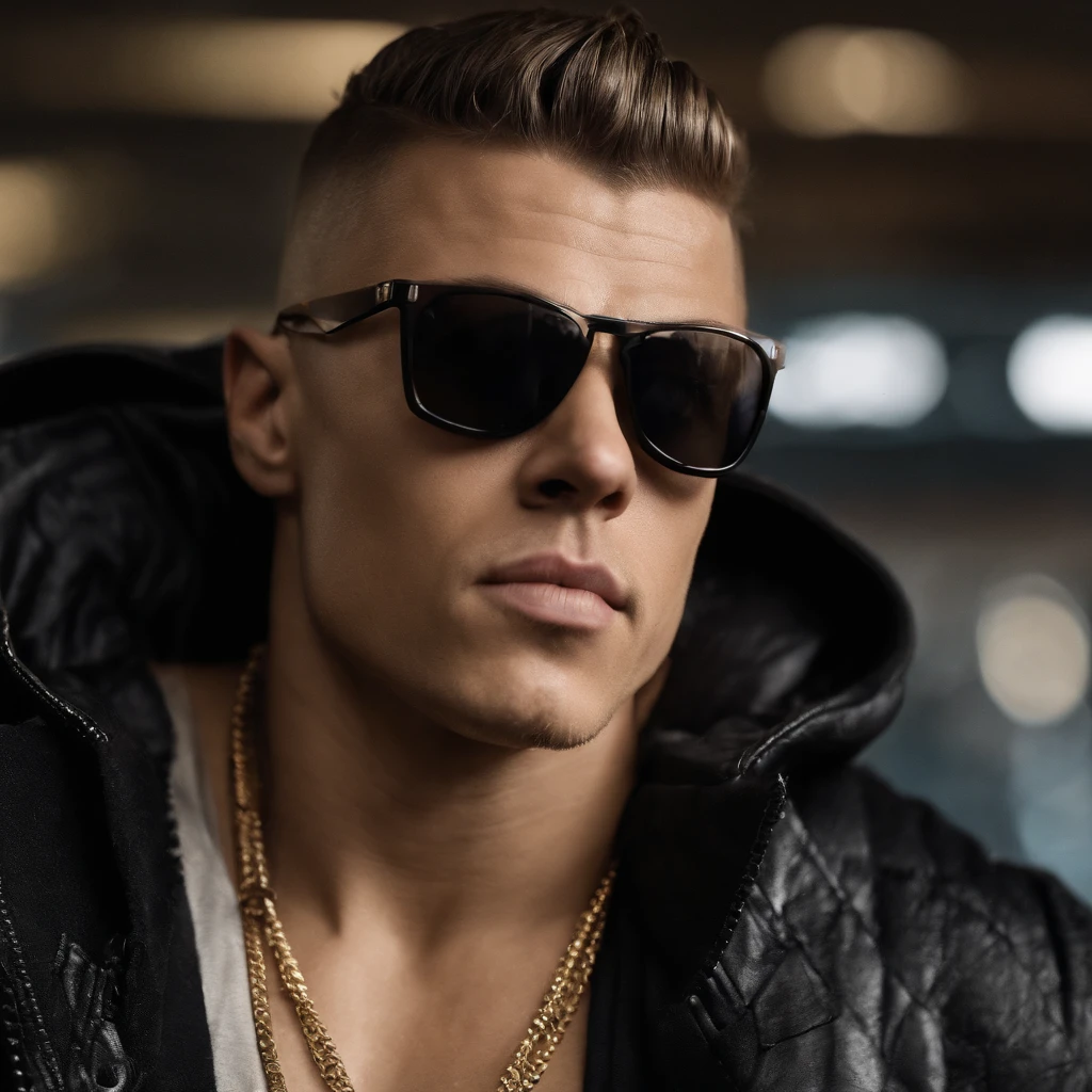 Justin Bieber, Singer, Realistic, Masterpiece, Best quality, Cinematic lighting, naturalshadow, Highest detail, Professional photography, Detailed background, Depth of field, insanely details, Intricate, Aesthetic, Detailed face, Subsurface scattering, photo-realistic hair, Realistic eyes, Muscular, Masculine, Big Pectoral Muscles, Shiny skin, Photo of a handsome man, There is stubble, Wear a seat belt, arm belt, Nightclub, Dancing, buzz cut，large muscle，Latex pants，Black sunglasses