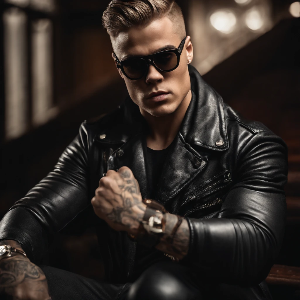 Justin Bieber, Singer, Realistic, Masterpiece, Best quality, Cinematic lighting, naturalshadow, Highest detail, Professional photography, Detailed background, Depth of field, insanely details, Intricate, Aesthetic, Detailed face, Subsurface scattering, photo-realistic hair, Realistic eyes, Muscular, Masculine, Big Pectoral Muscles, Shiny skin, Photo of a handsome man, There is stubble, Wear a seat belt, arm belt, Nightclub, Dancing, buzz cut，large muscle，Latex pants，Black sunglasses