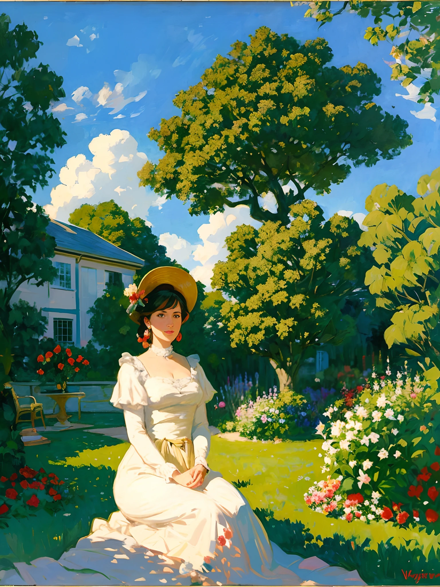 Painting of a woman sitting in the garden wearing a hat, otto schmidt, in a garden, inspired by Frank Weston Benson, Summer afternoon, In the garden, Daniel Ljungren, Austin Briggs, tim hildebrandt, Franz Sedlacek, hildebrandt, by Richard Sedlon, in a verdant garden, in a garden, Charles Mahoney