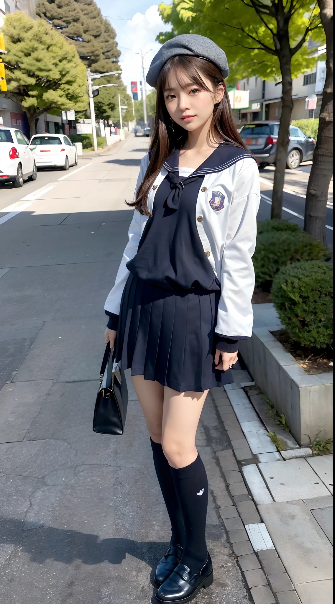 mix4, (16 K, Raw photography, Top image quality, masterpiece: 1.45), (realisitic, Photorealsitic: 1.37), one girls, 7.5, etc、Standing figure,Noon time slot、cute little, A city scape,, profetional lighting, photon maping, Cityscape with street trees, physically-based renderingt, Gradient dark brown hair,, a handsome, Well-groomed and beautiful eyes、Large double eyelids、Very shiny、girl with, (((student clothes、Long sleeve sailor suit worn by Japan schoolgirl、red cuffs、Dark blue mini skirt, Small gray beret、Dark blue knee-high socks、Black loafers))), Top Quality Photos, hight resolution, 1080p, (clearface), (Detailed face description), (Detailed hand description), (masterpiece), (Exquisite CG)、extreme light and shadows、dishevled hair、master work、abundant detail、(Fine facial features)、(top quality photo)、(masuter piece)、(A detailed eye)、Look in front of you、Fine clavicle、((Slender big))、(((Japan schoolgirl in long-sleeved sailor suit)))、((Ready Idol System))、((Boulevard with street trees、Scramble crossing))、(Shooting from random perspectives)、(((Anyway cute)))、耳Nipple Ring、A big smile、Drawing the whole body from the knees、Do not draw nasolabial folds、(((Long-sleeved sailor suit)))、(Big breasts that hang down big:0.9)、Big buttocks with tension、Two arms and two legs、(((from the front side:0.5)))、bare hand、No mask
