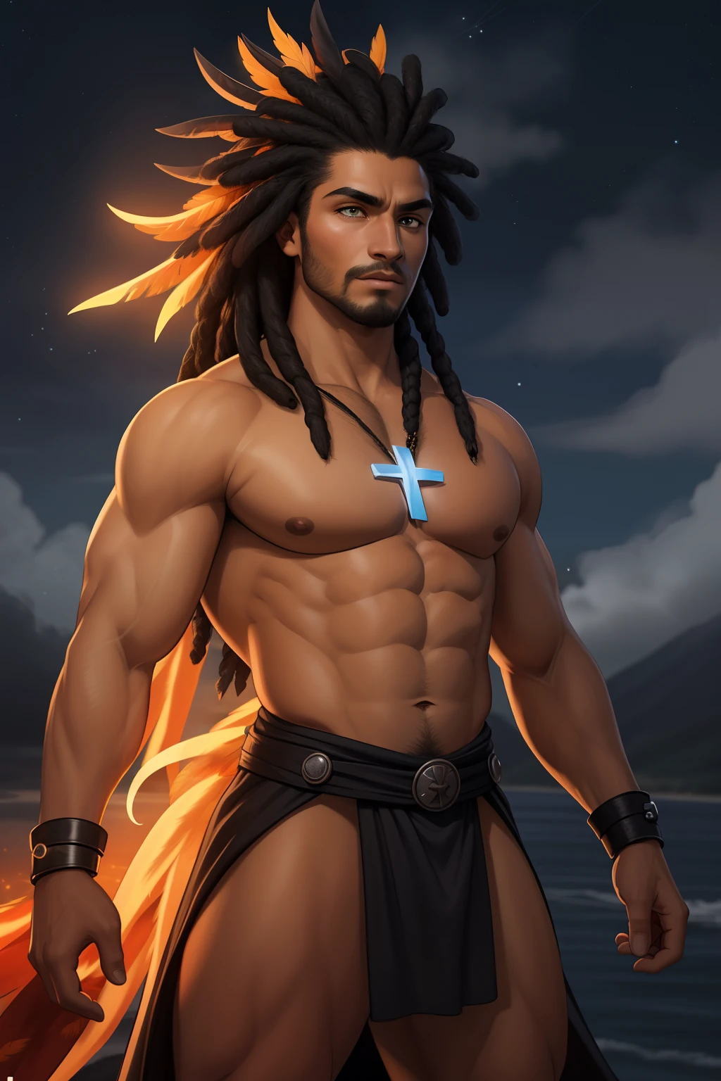 Create an image of a black ninja after an apocalypse in the future, afro cabelo caindo para frente, Rasta type but braided,tiro de corpo inteiro, foto de usar uma fantasia indiana ,tribulo africano corpo inteiro,A realistic 4K phoenix with orange feathers, with a serious expression and looking forward, corpo inteiro.  , Lightning in the sky, arms extended, olhando para frente, parado no topo de uma montanha, manto e capa vermelhos, cruz brilhante no ar. ,Arte Luz Neon, no escuro da noite, Um navio alto navega pelos mares iluminados pela ,....lua, estrelas, Colouring, circunstanciado, 4k de corpo inteiro, Olhos firmes, olhando para frente, Lightning in the sky, arms extended, olhando para frente, parado no topo de uma montanha, manto e capa vermelhos, Shiny cross on a realistic 4K phoenix with orange feathers, with a serious expression and looking forward, corpo inteiro